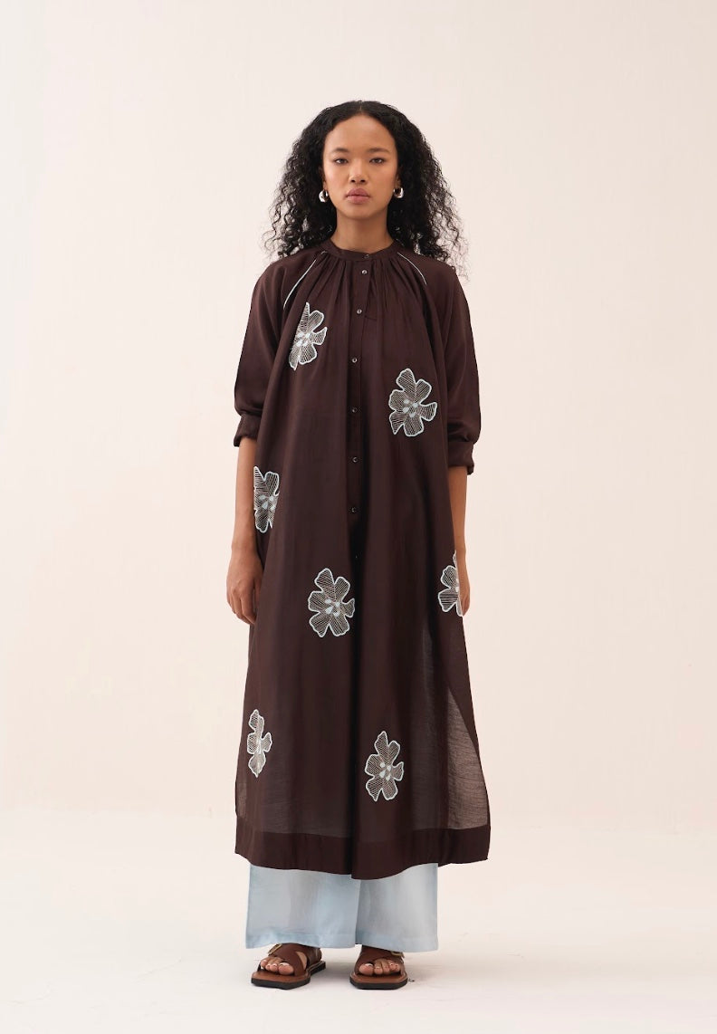 Floral Emb. Gather Neck Shirt Co-ord (set Of 2)