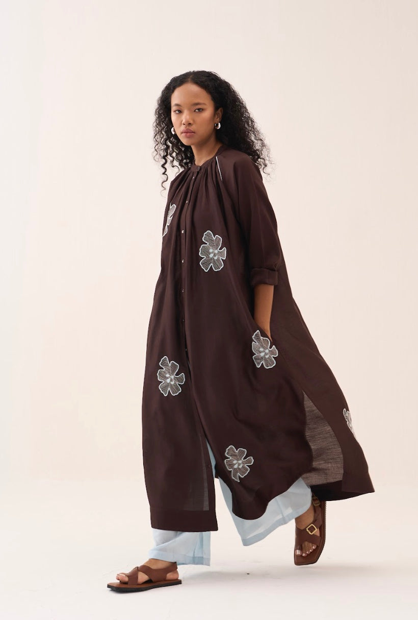 Floral Emb. Gather Neck Shirt Co-ord (set Of 2)