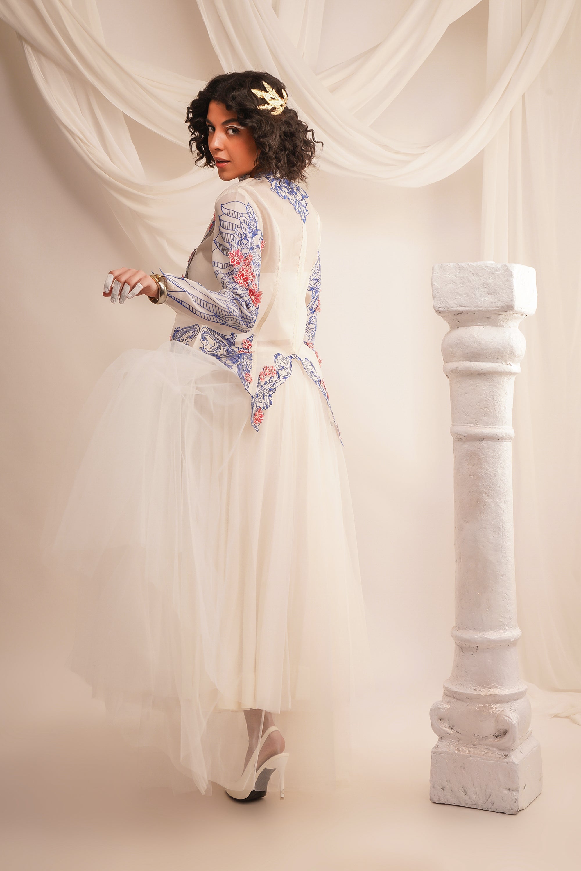 Ivory Cowl Neck Organza Jacket with Wing Detailing on The Sleeves