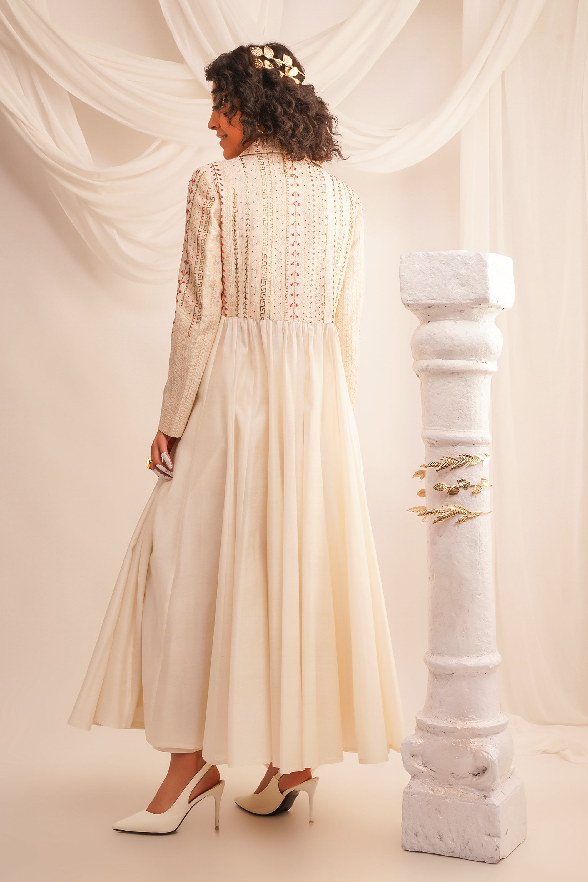 Ivory Textured Embroidered Biker Anarkali with Pants