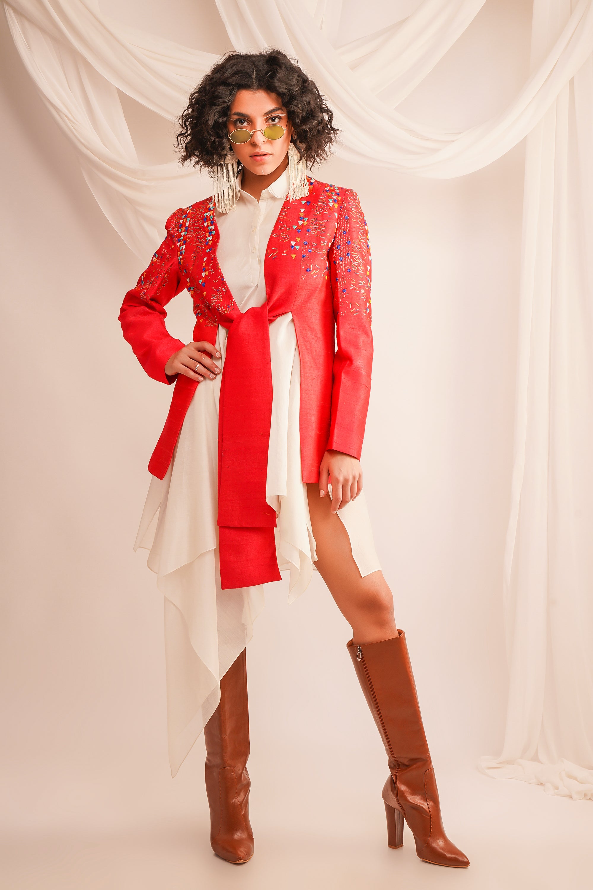 Coral Textured Embroidered Knotted Dupian Jacket With Ivory Assymatrical Chanderi Shirt