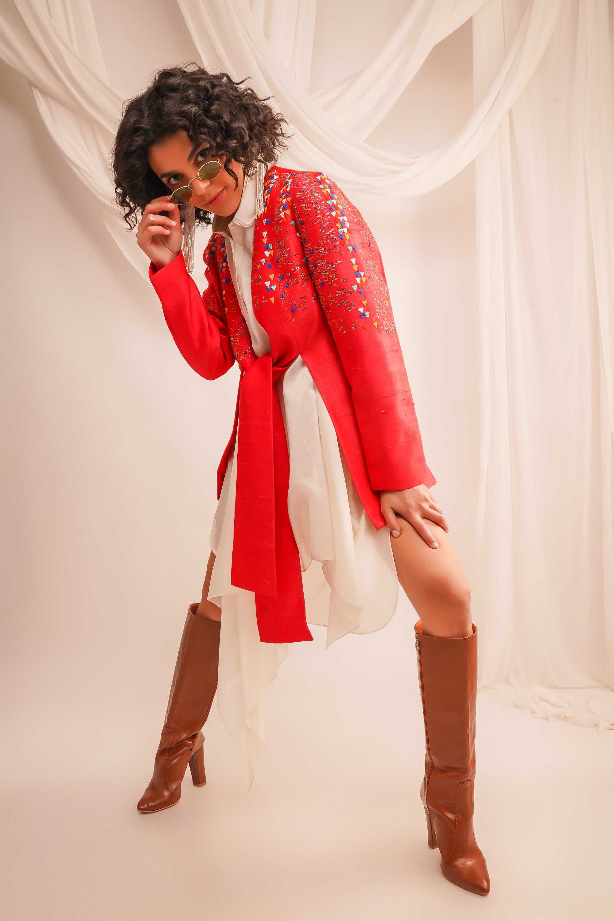 Coral Textured Embroidered Knotted Dupian Jacket With Ivory Assymatrical Chanderi Shirt