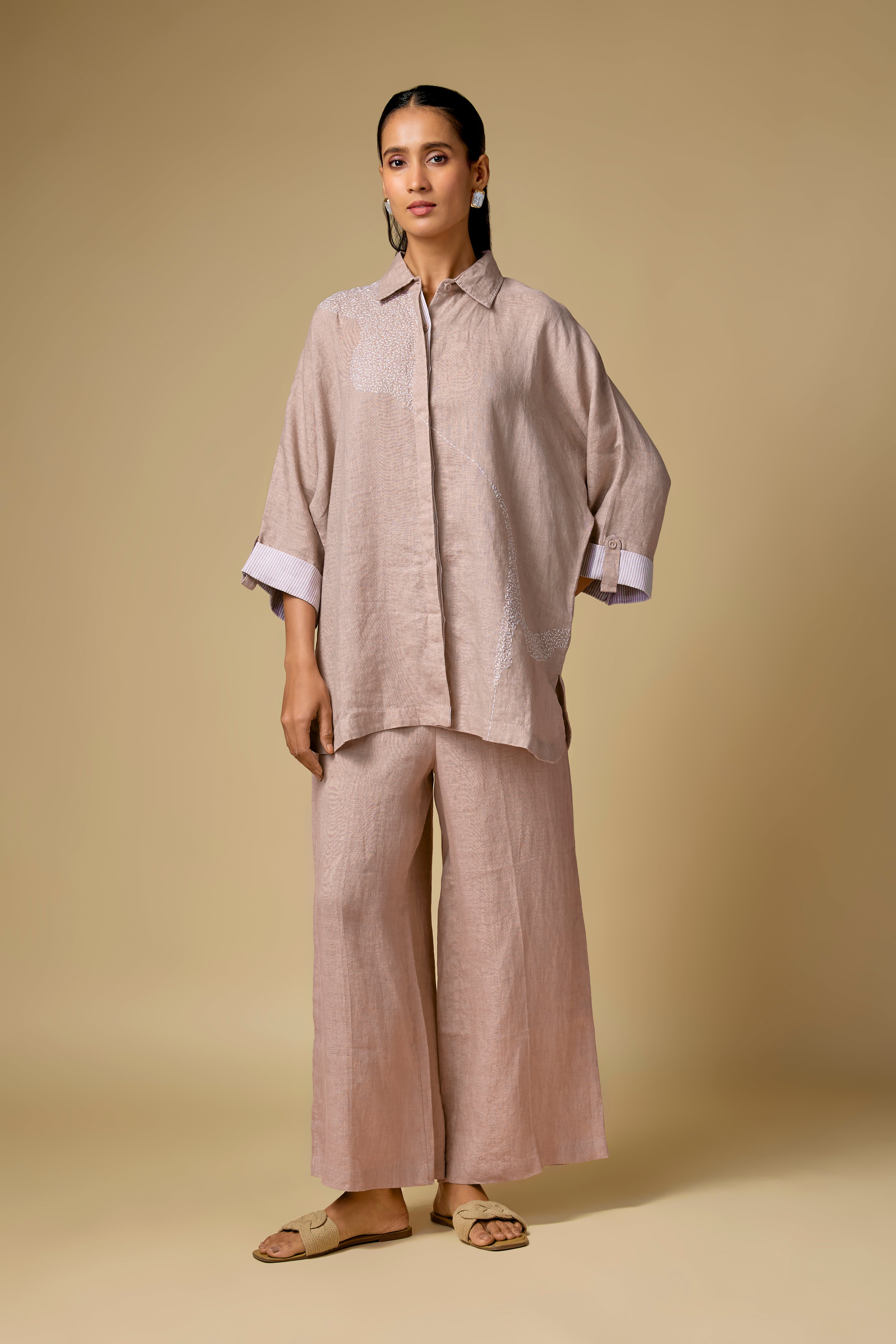Pure Linen Pink Kantha Work Big Co-ord Set