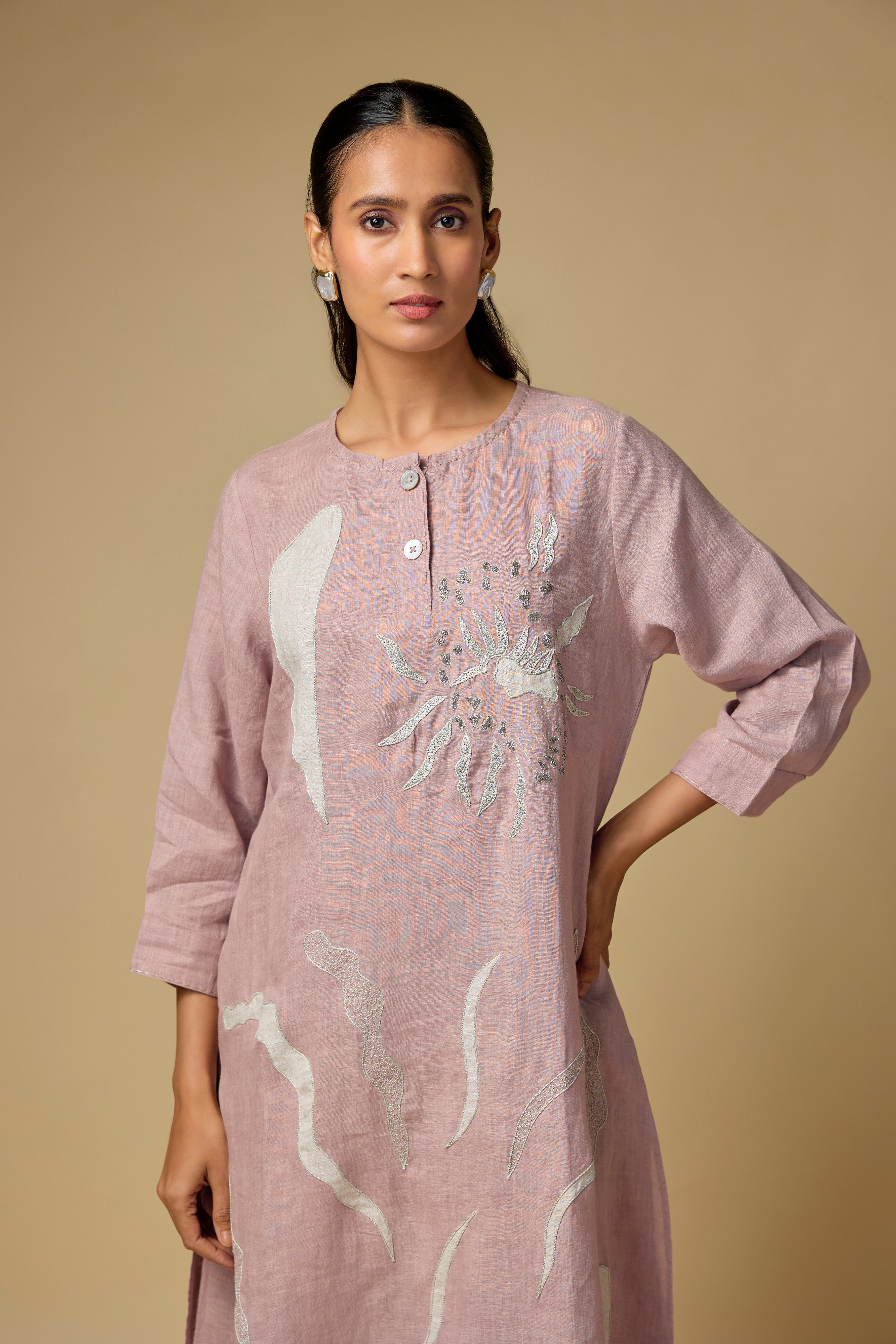 Pure Linen Pink Embroidered Co-ord Set