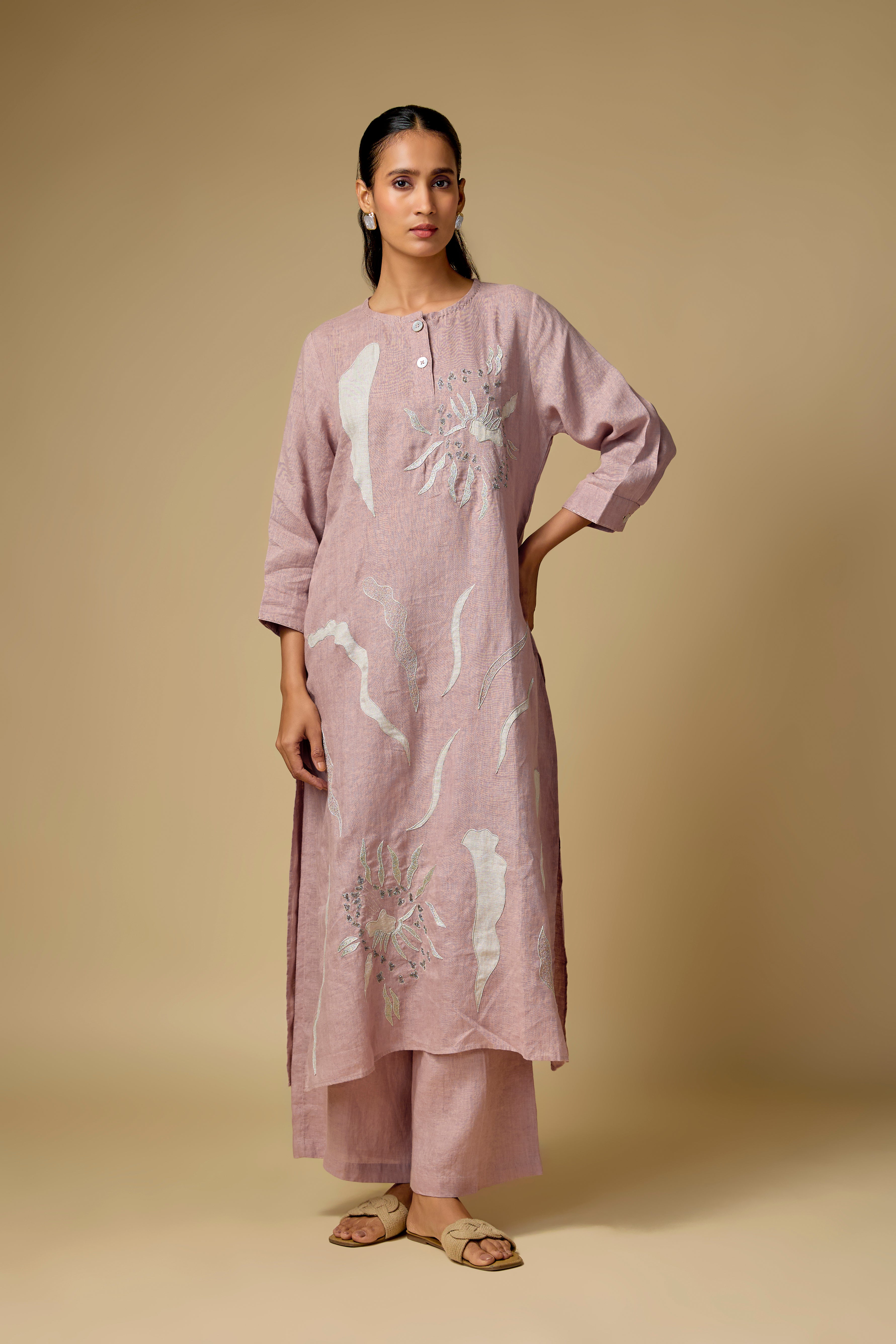 Pure Linen Pink Embroidered Co-ord Set