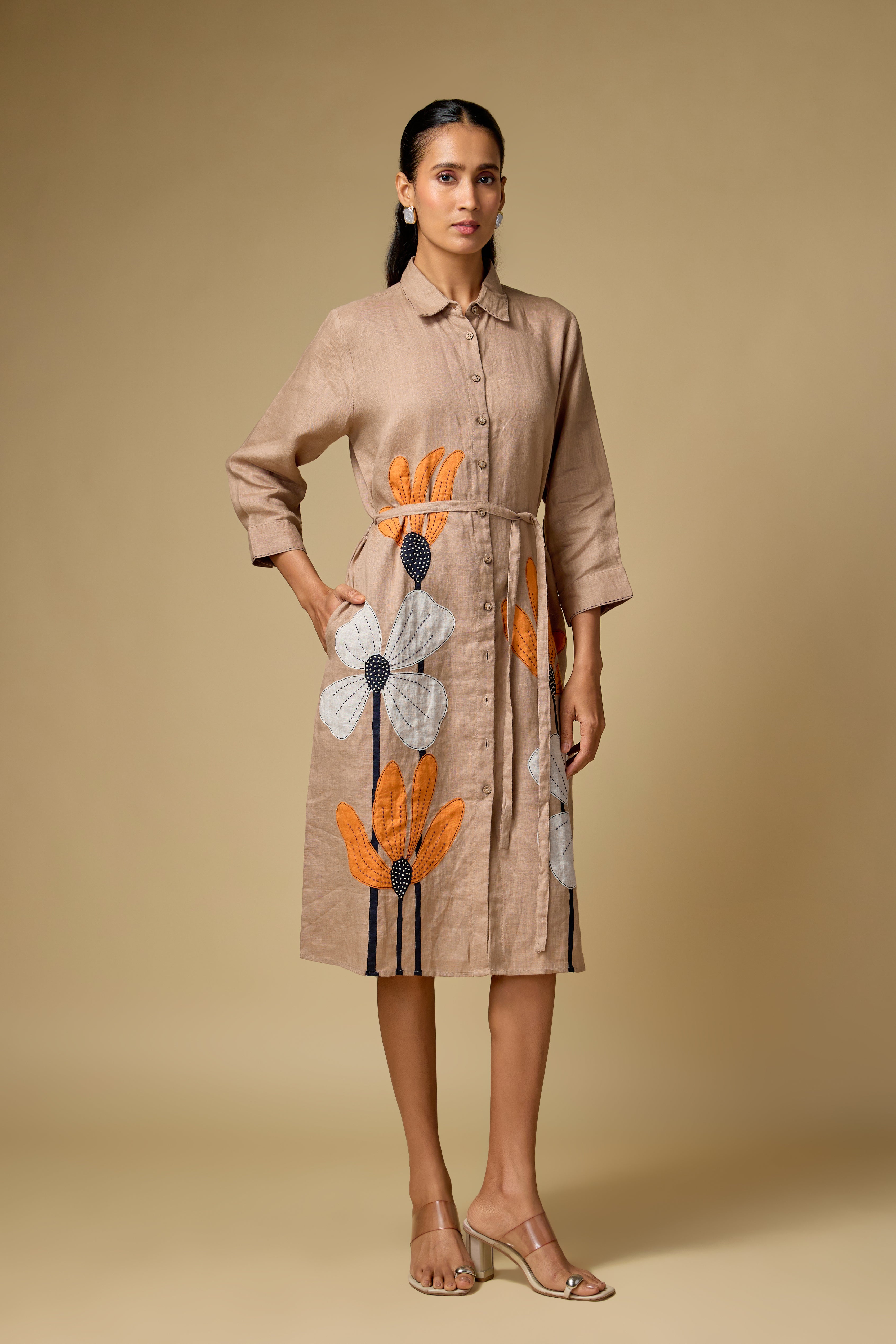 Pure Linen Khakhi Floral Embroidered Dress