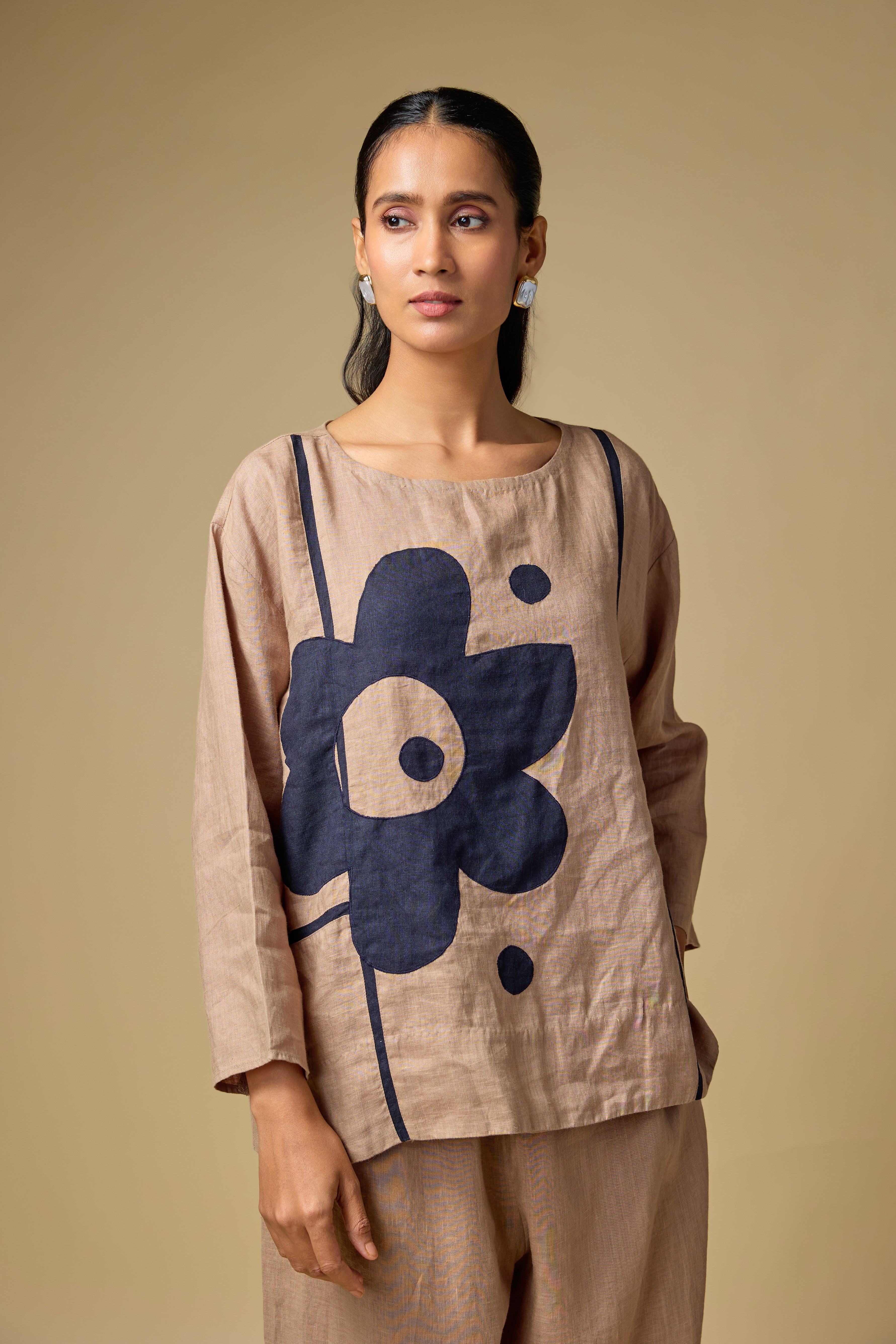 Pure Linen Khakhi Floral Coord Set