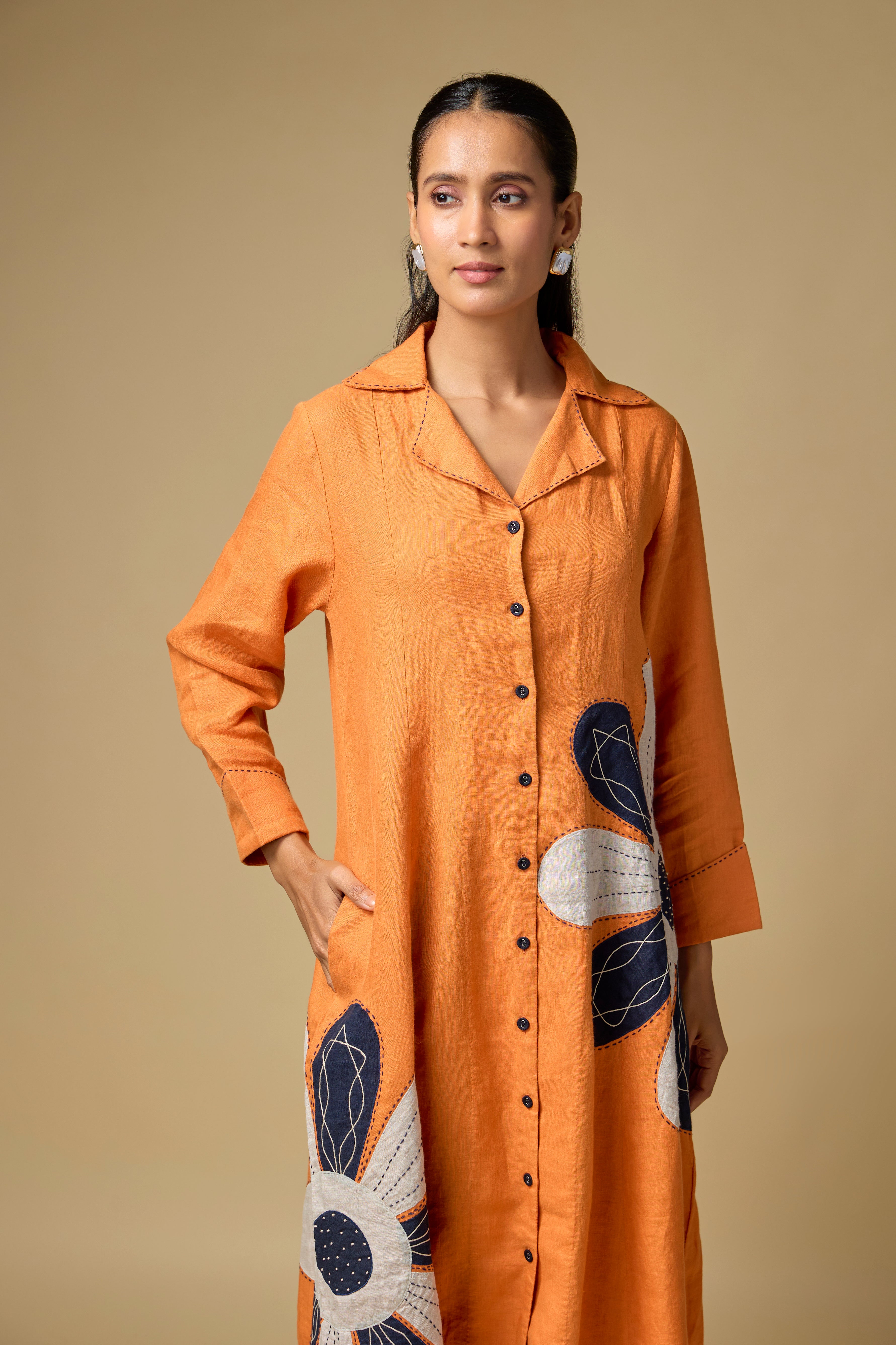 Pure Linen Orange Floral Embroidery Dress