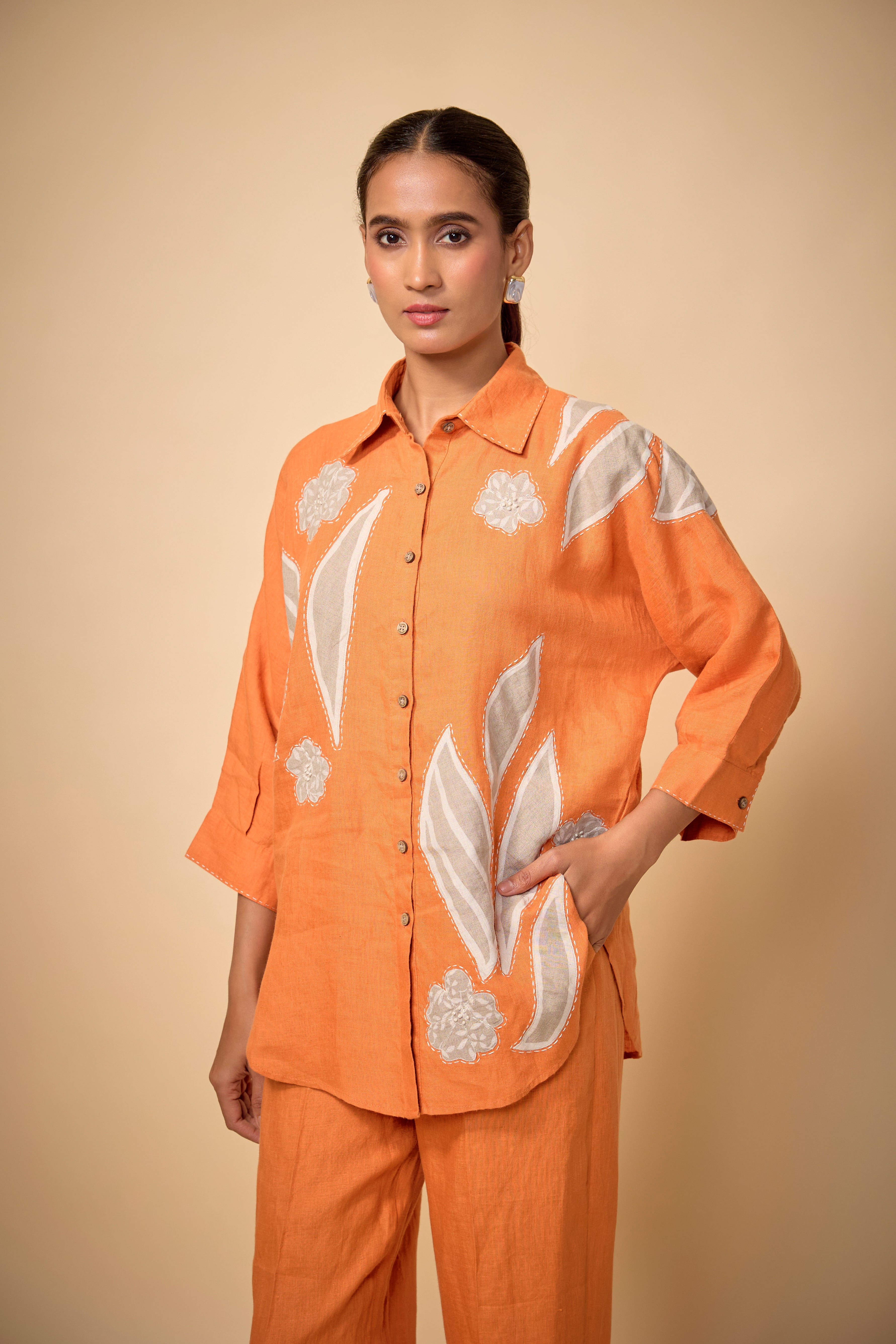 Pure Linen Orange Big shirt+10" Pants