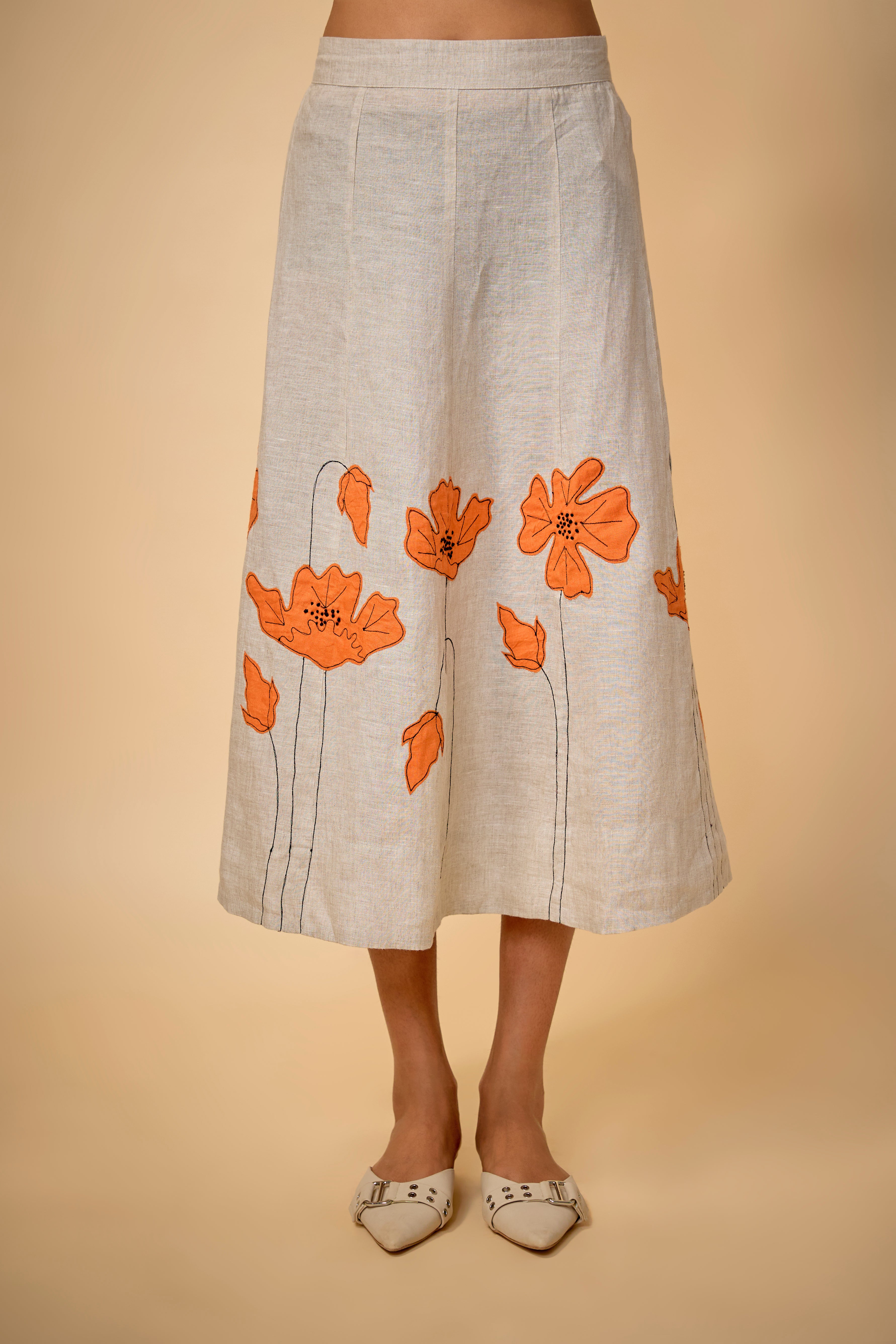 Pure Linen Beige Floral Skirt+top Set
