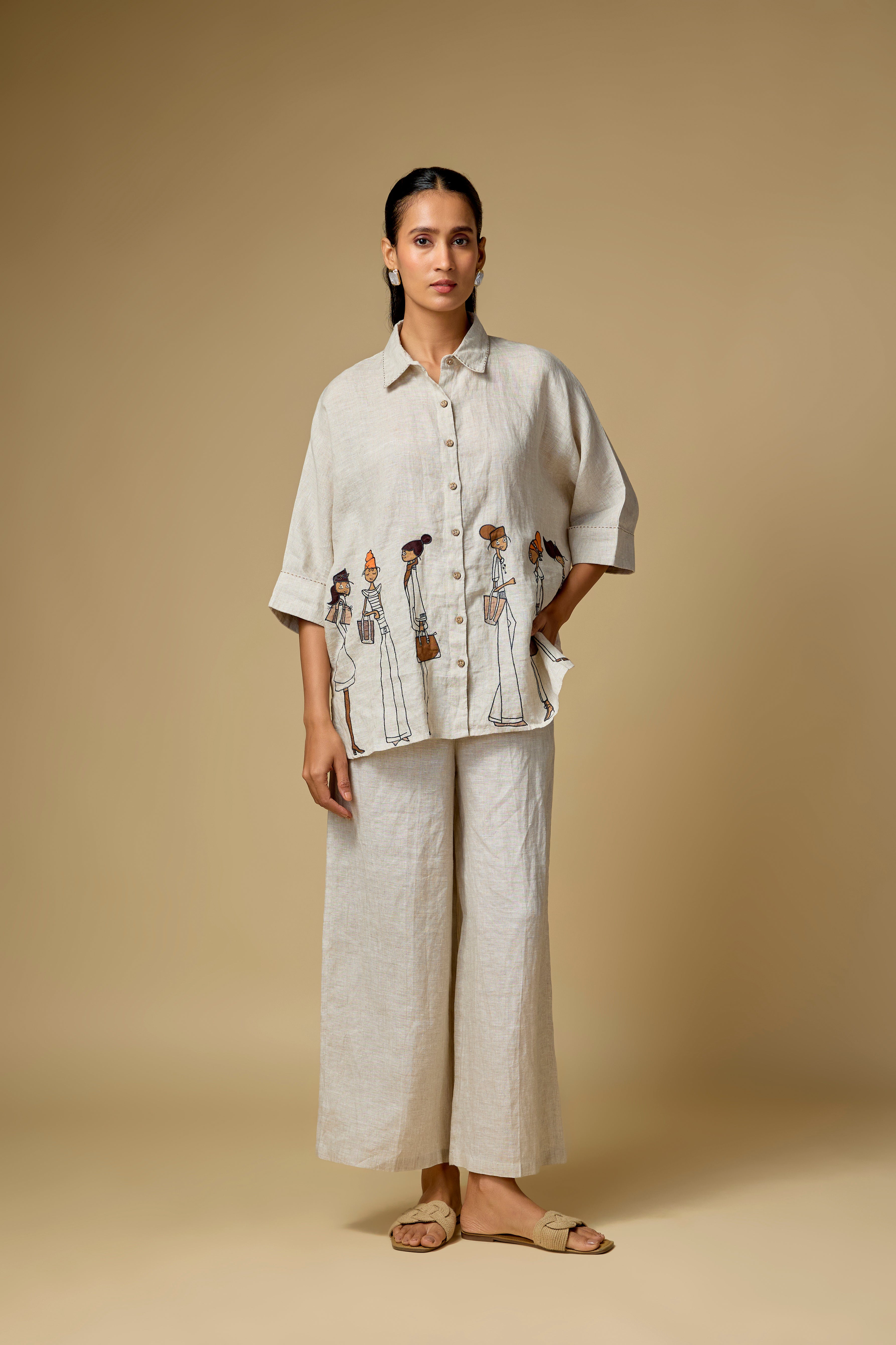 Pure Linen Beige Doodle Embridered Shirt