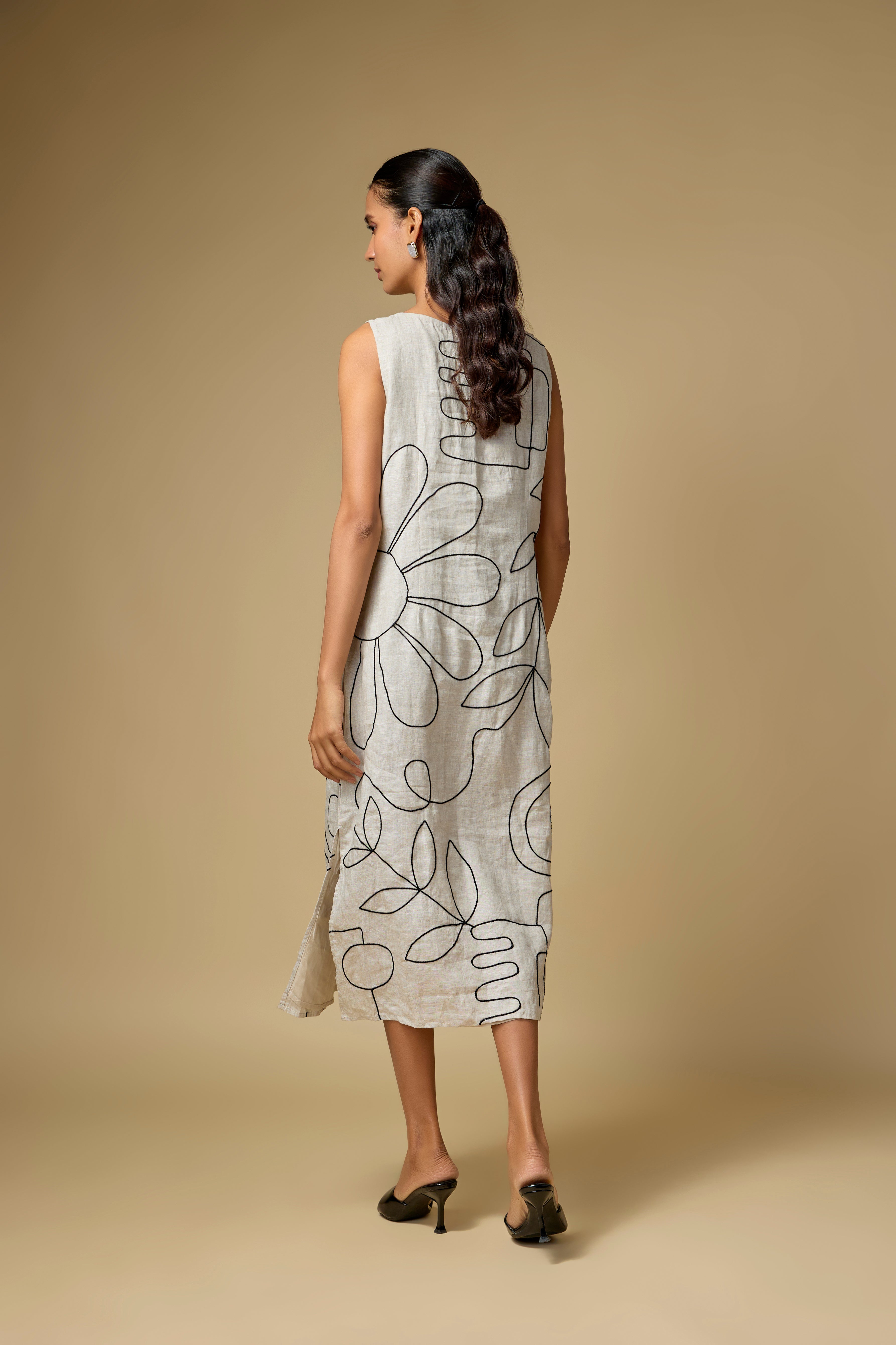 Pure Linen Sleeveless Dress With Dori Work