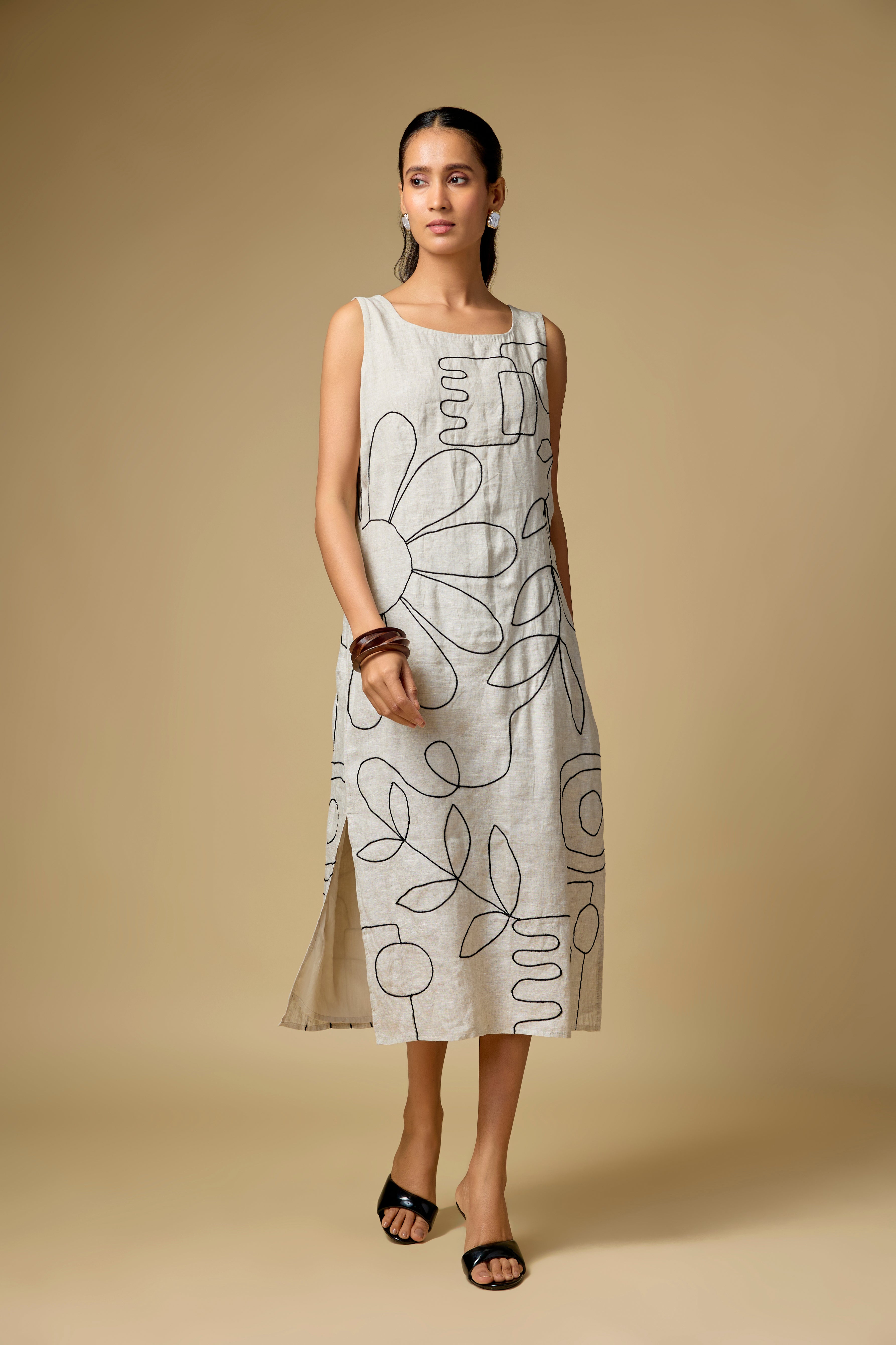 Pure Linen Sleeveless Dress With Dori Work