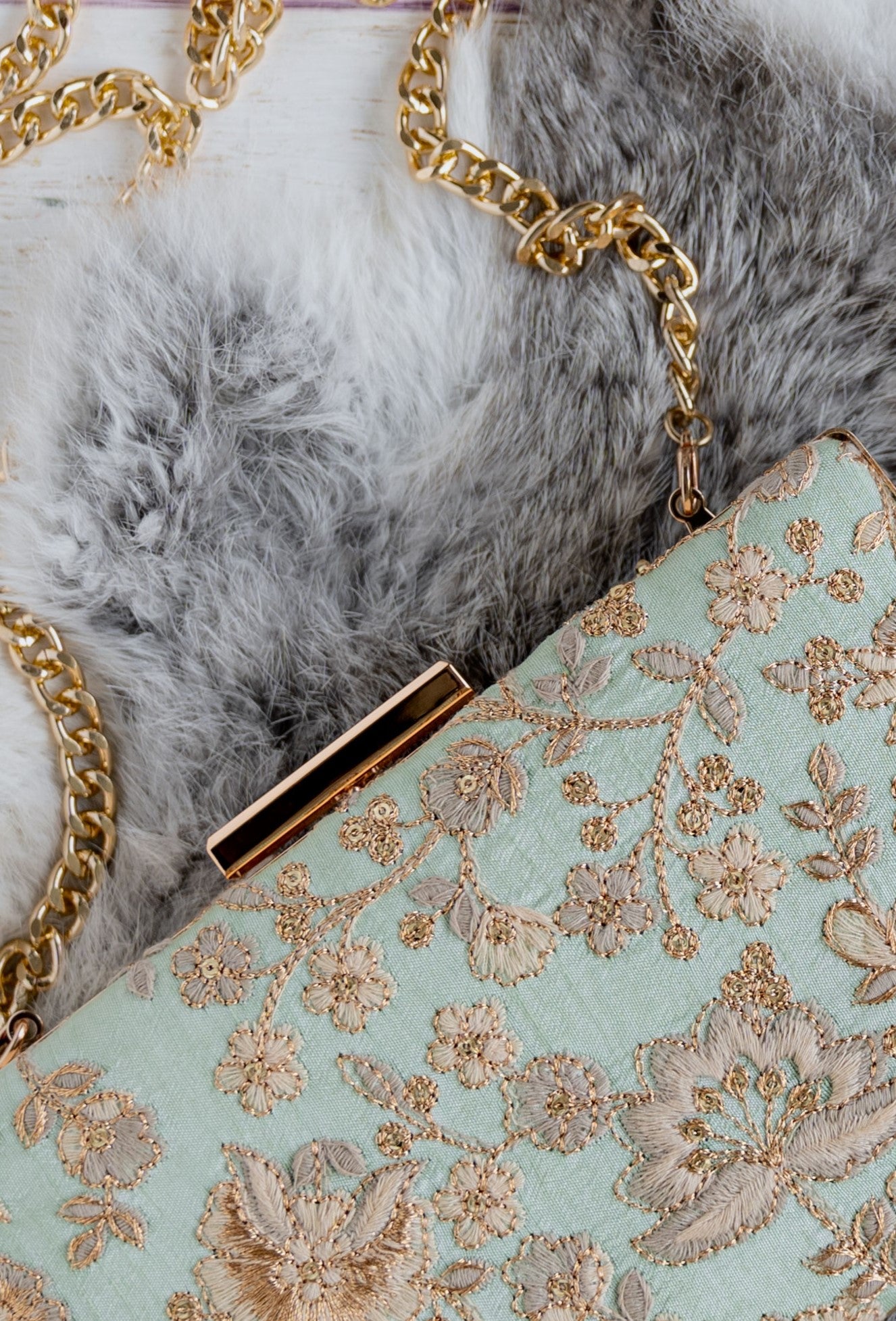 Leya Embroidered Clutch With Sling Mint Blue
