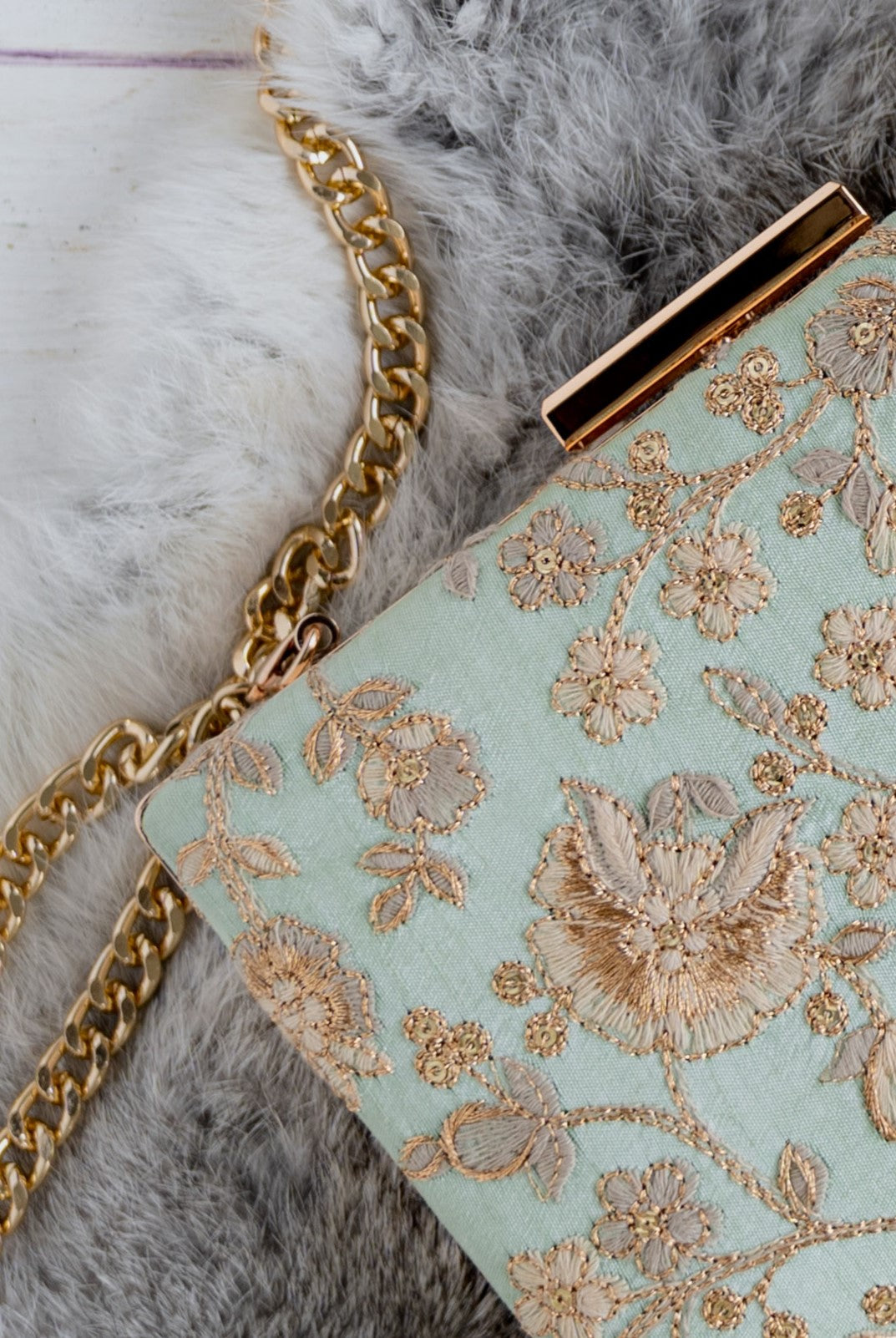 Leya Embroidered Clutch With Sling Mint Blue