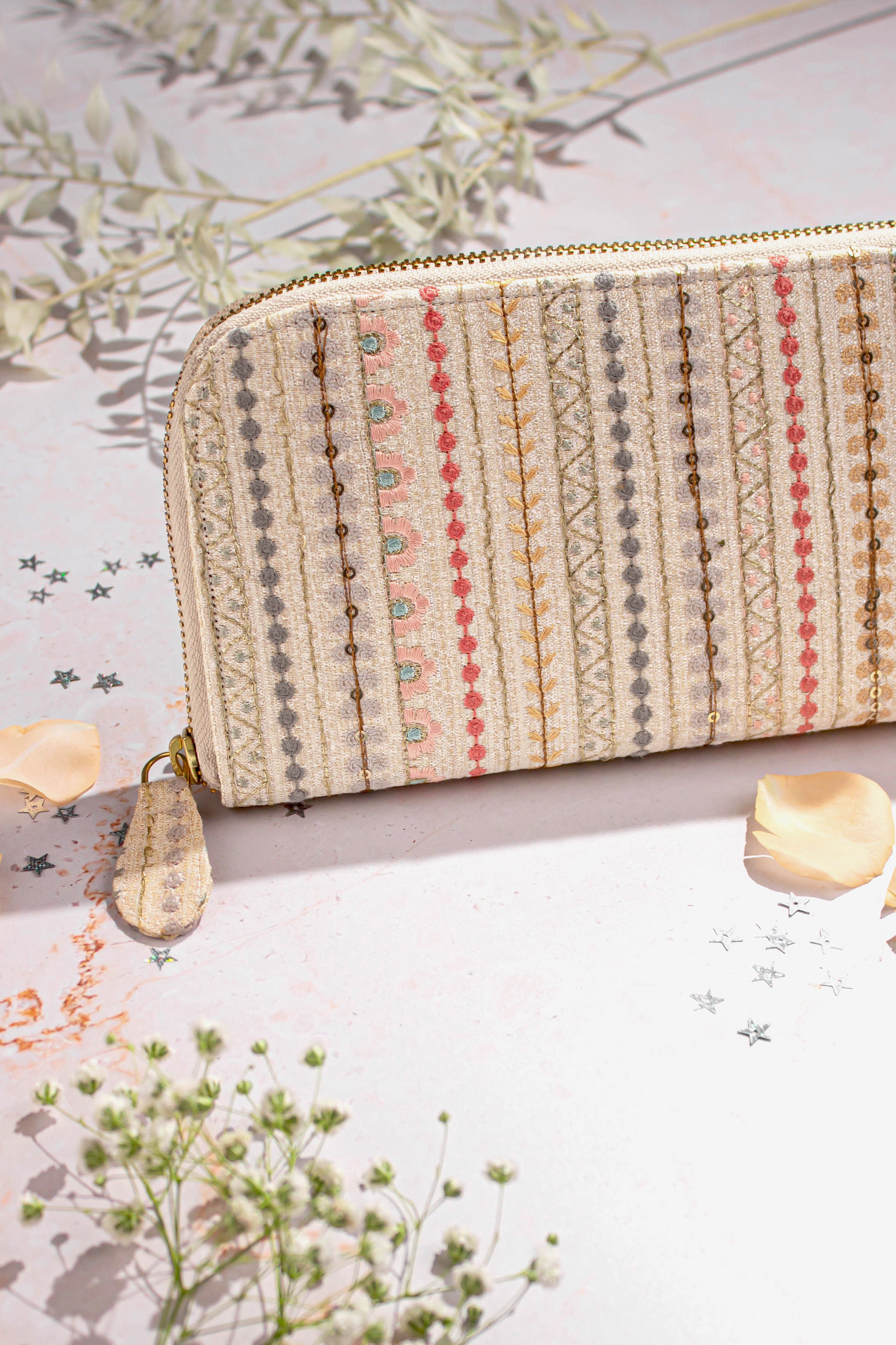 Linea Embroidered Wallet Cream