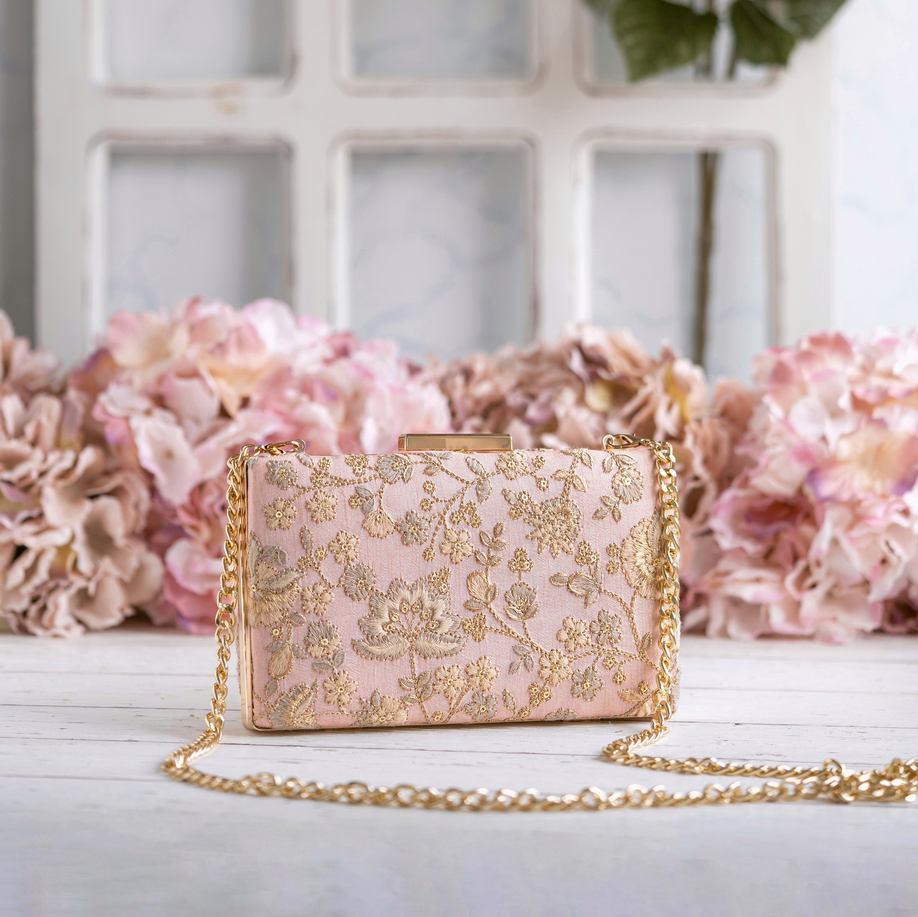 Leya Embroidered Clutch With Sling Peachy Pink