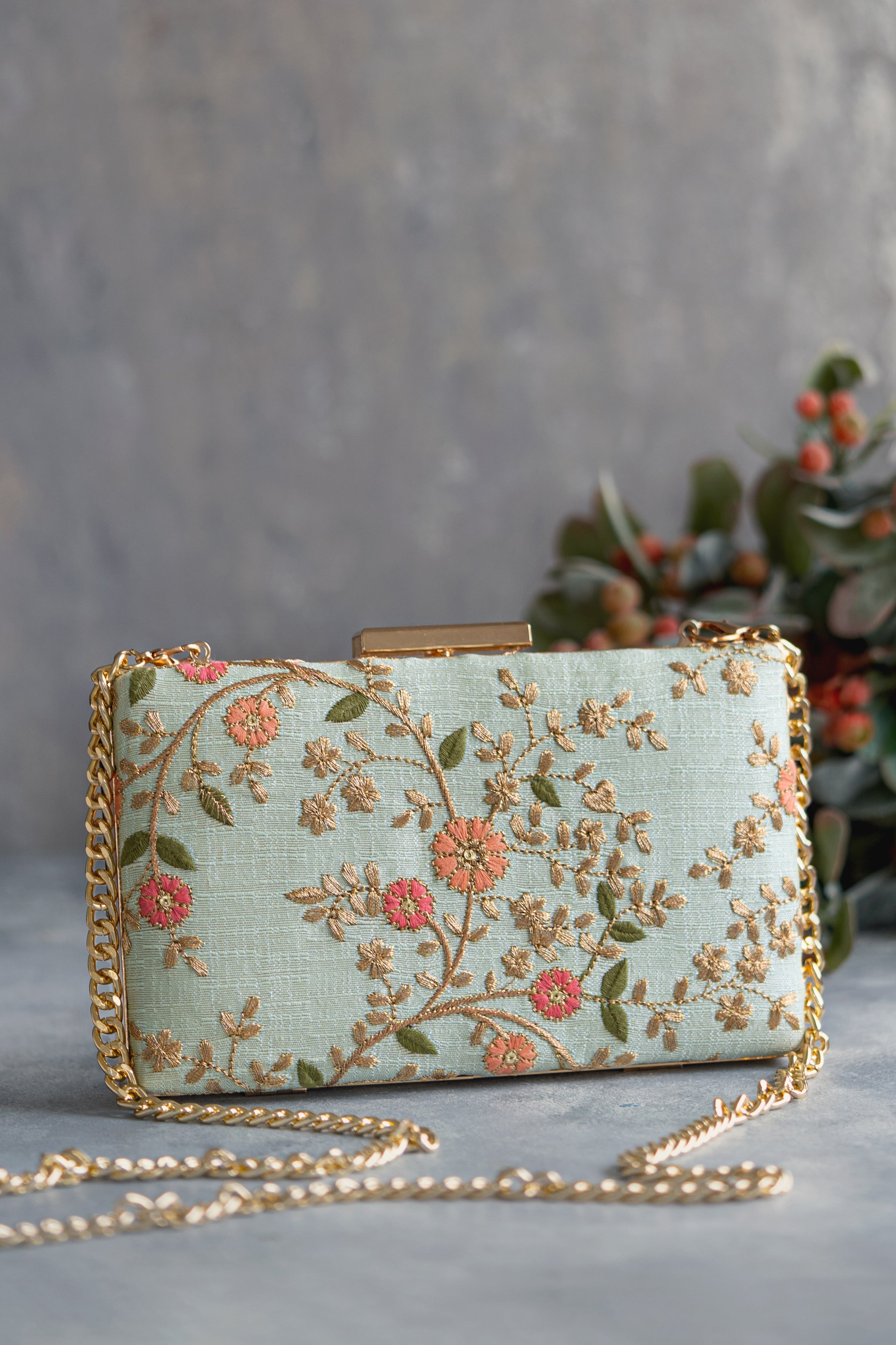 Floral Creeper Box Clutch Mint