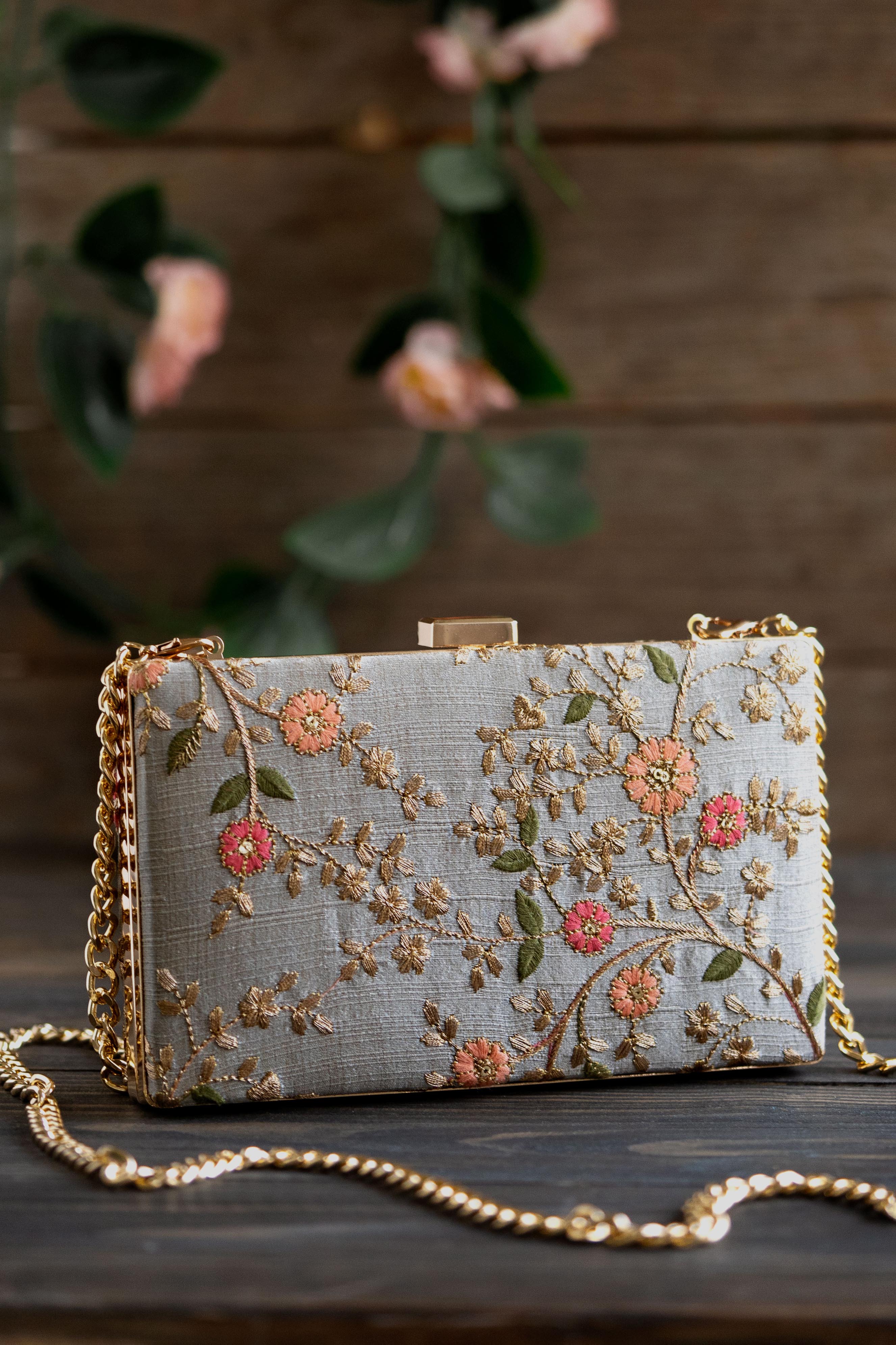 Floral Creeper Box Clutch Grey