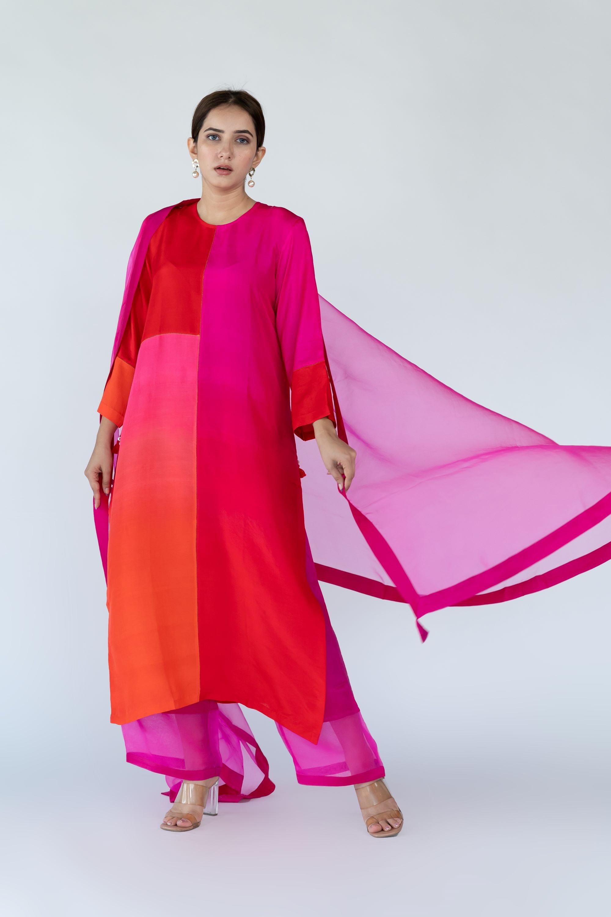 Ombre colour blocked kurta, silk pants with organza detailing and pure silk organza dupatta