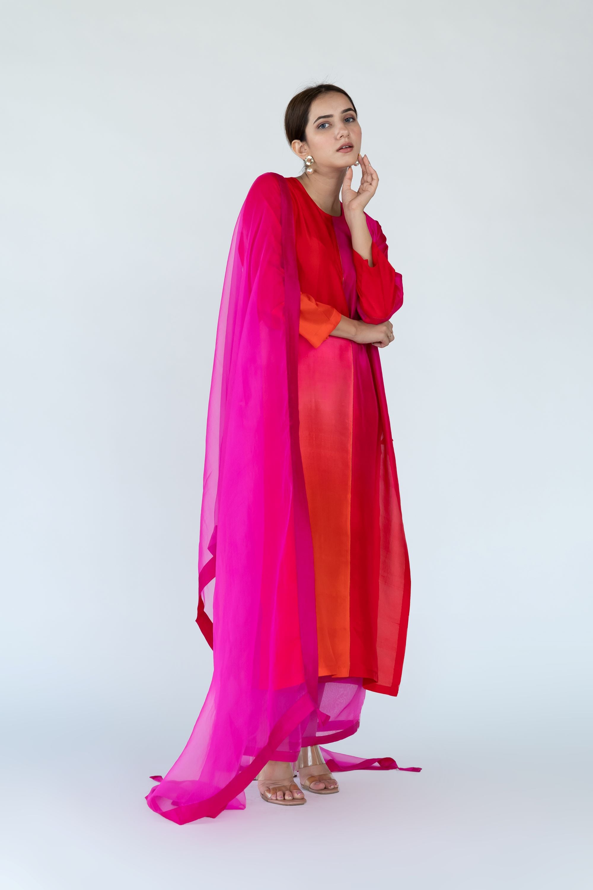 Ombre colour blocked kurta, silk pants with organza detailing and pure silk organza dupatta