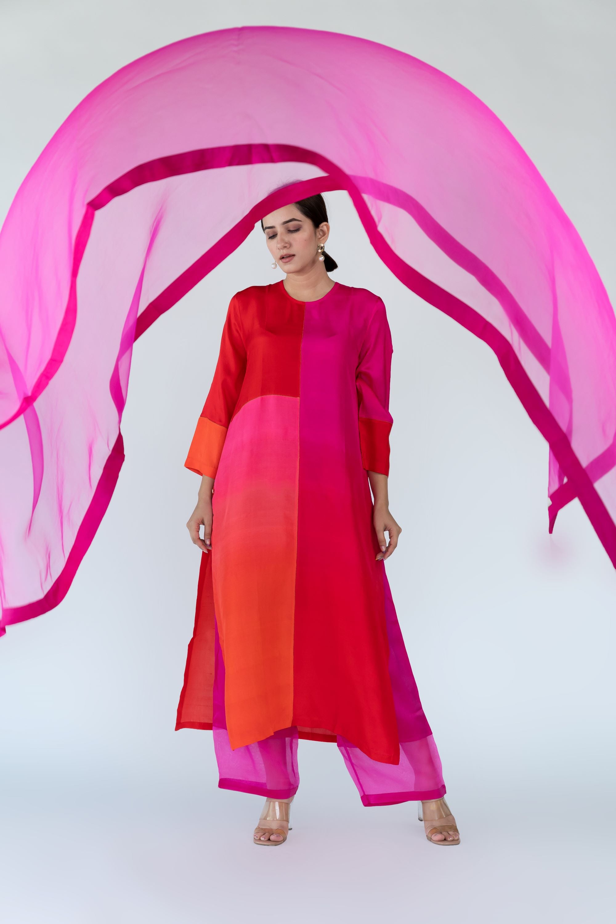 Ombre colour blocked kurta, silk pants with organza detailing and pure silk organza dupatta
