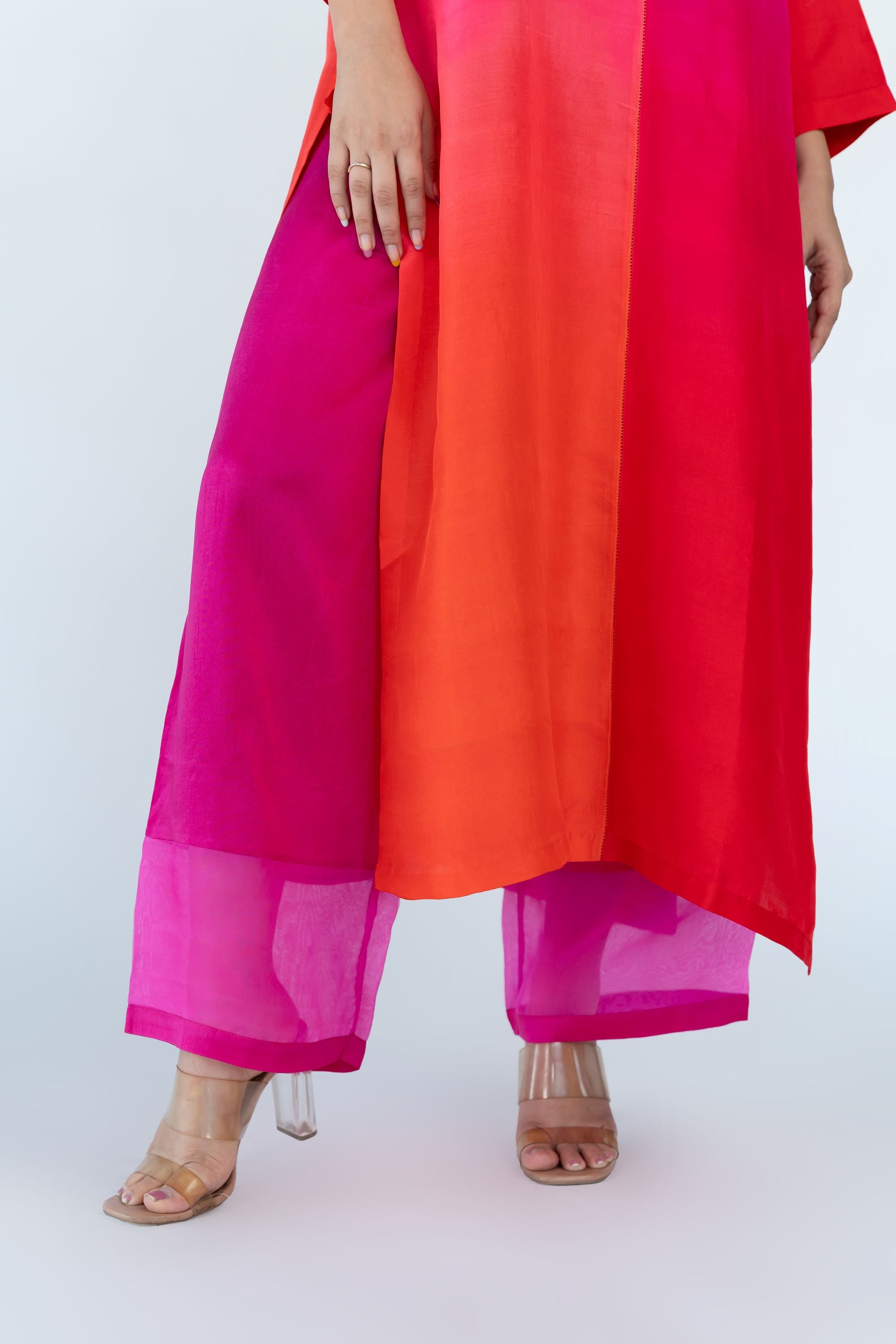 Ombre colour blocked kurta, silk pants with organza detailing and pure silk organza dupatta