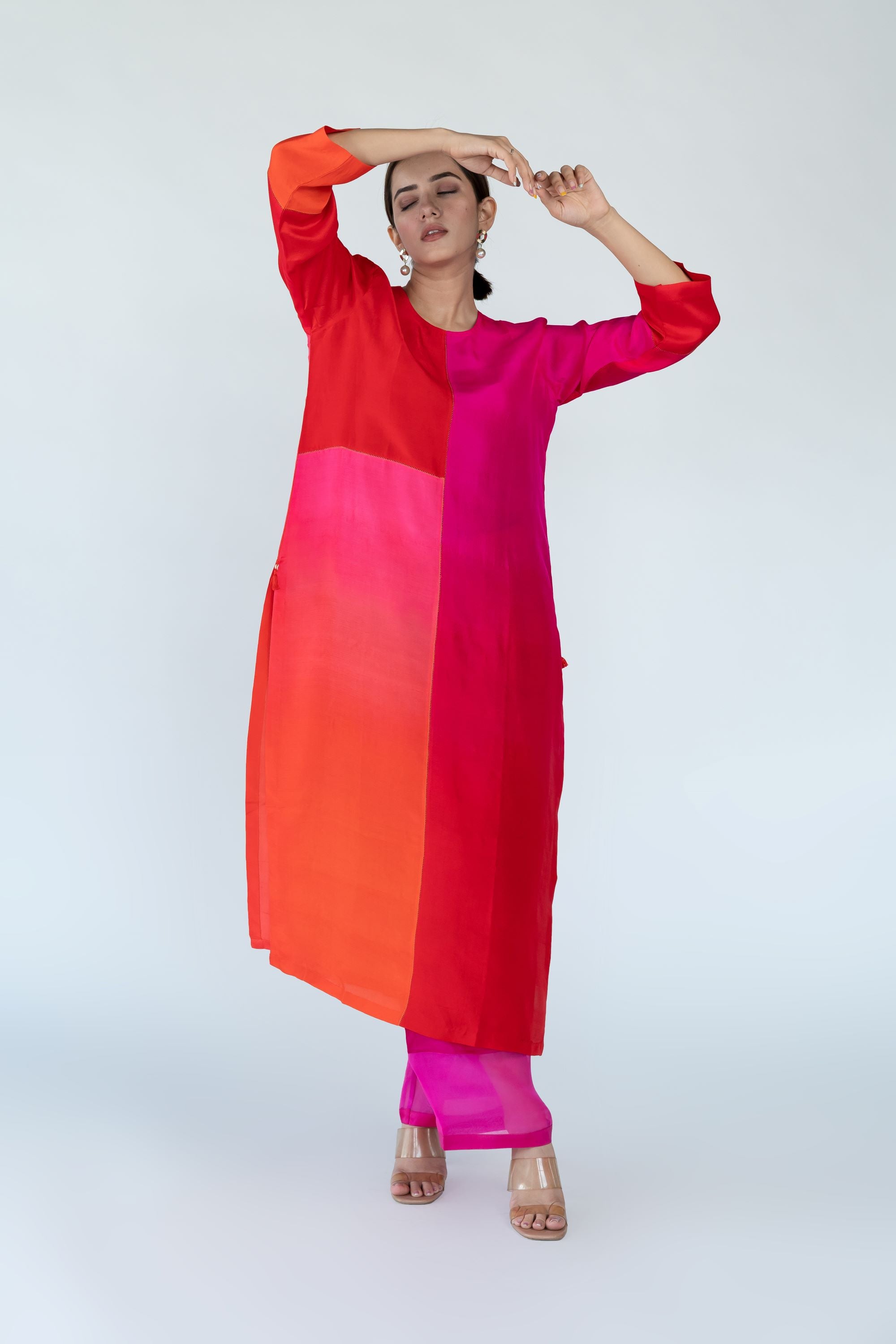 Ombre colour blocked kurta, silk pants with organza detailing and pure silk organza dupatta