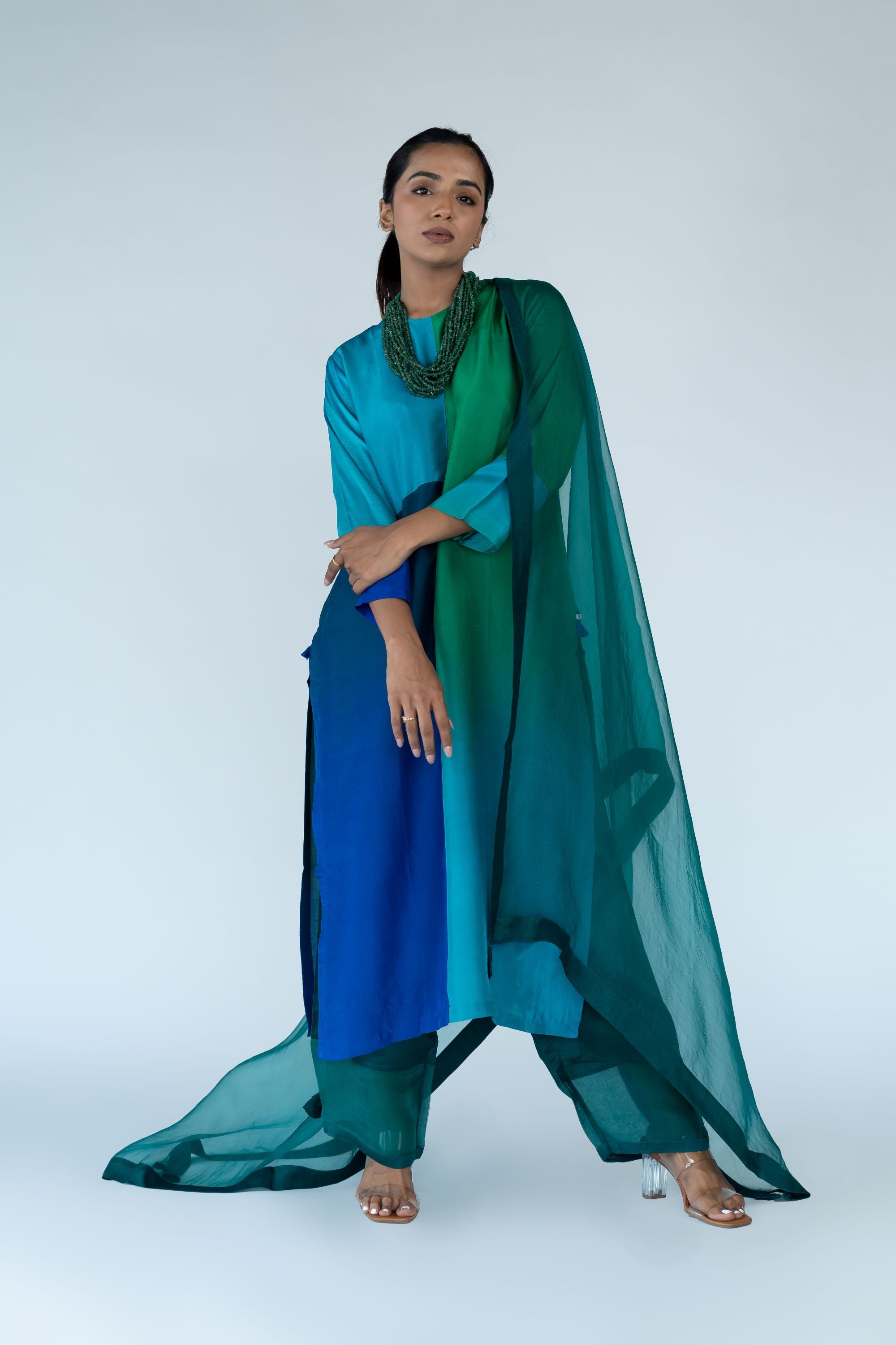 Ombre colour blocked kurta, silk pants with organza detailing and pure silk organza dupatta