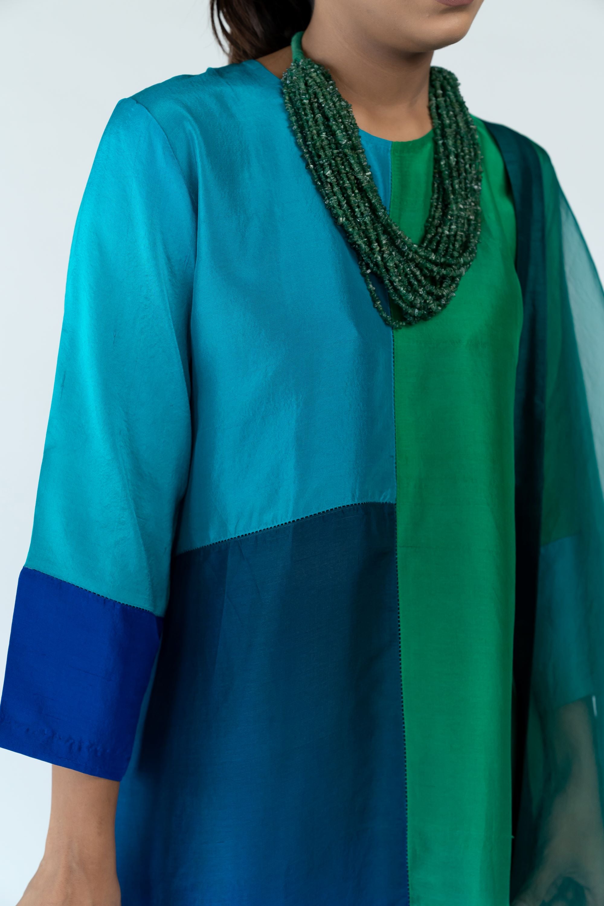 Ombre colour blocked kurta, silk pants with organza detailing and pure silk organza dupatta