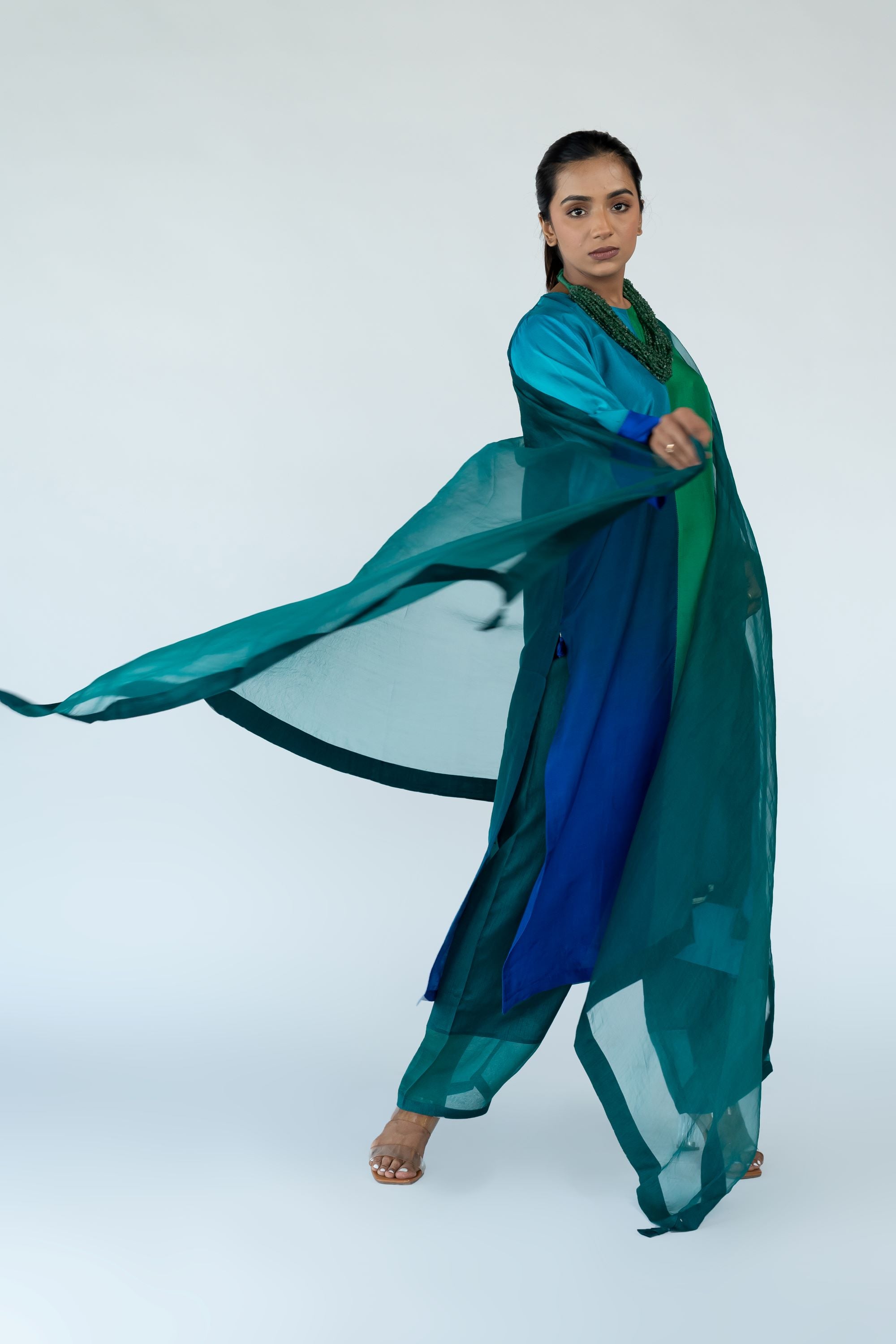 Ombre colour blocked kurta, silk pants with organza detailing and pure silk organza dupatta