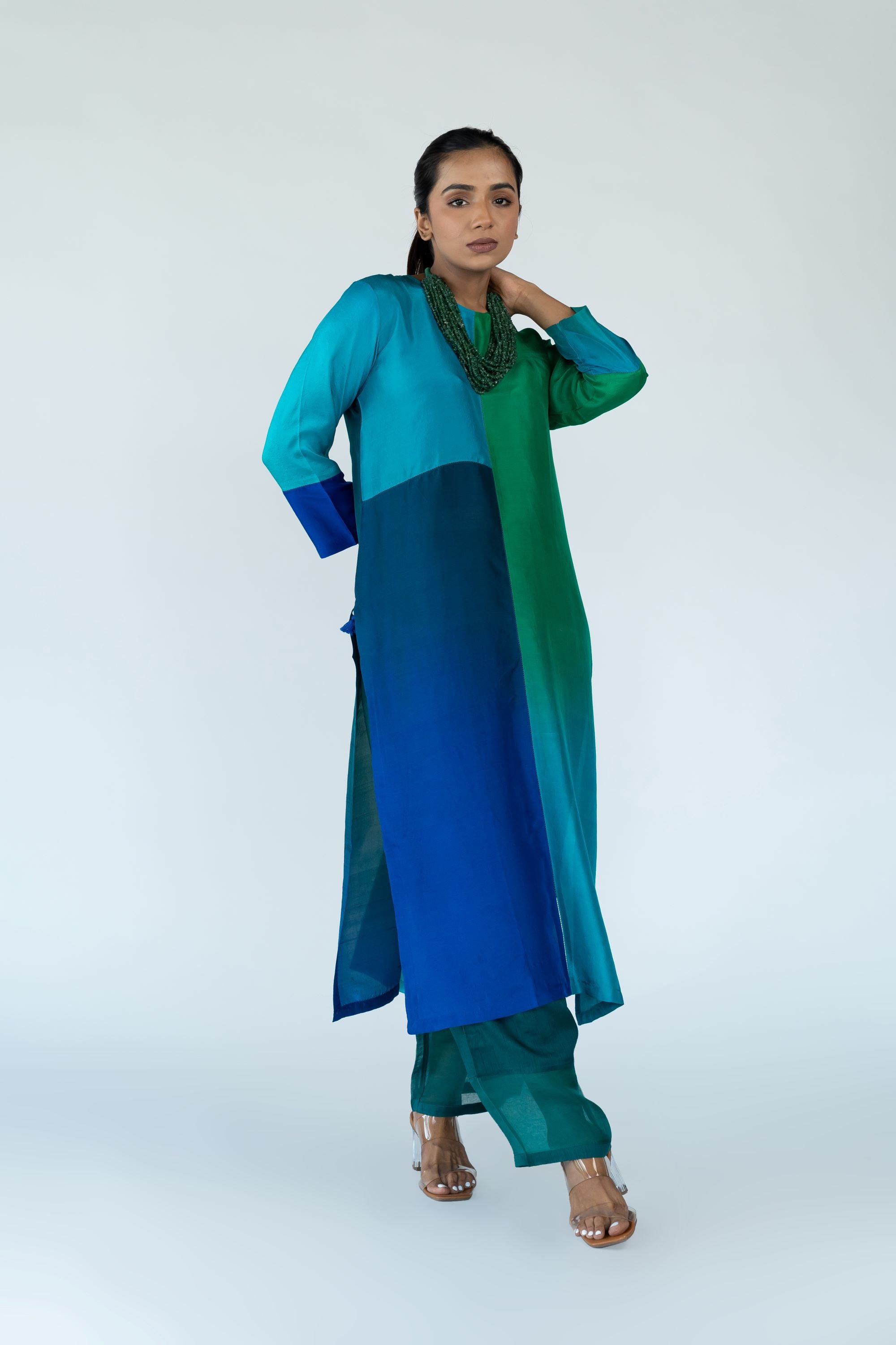Ombre colour blocked kurta, silk pants with organza detailing and pure silk organza dupatta