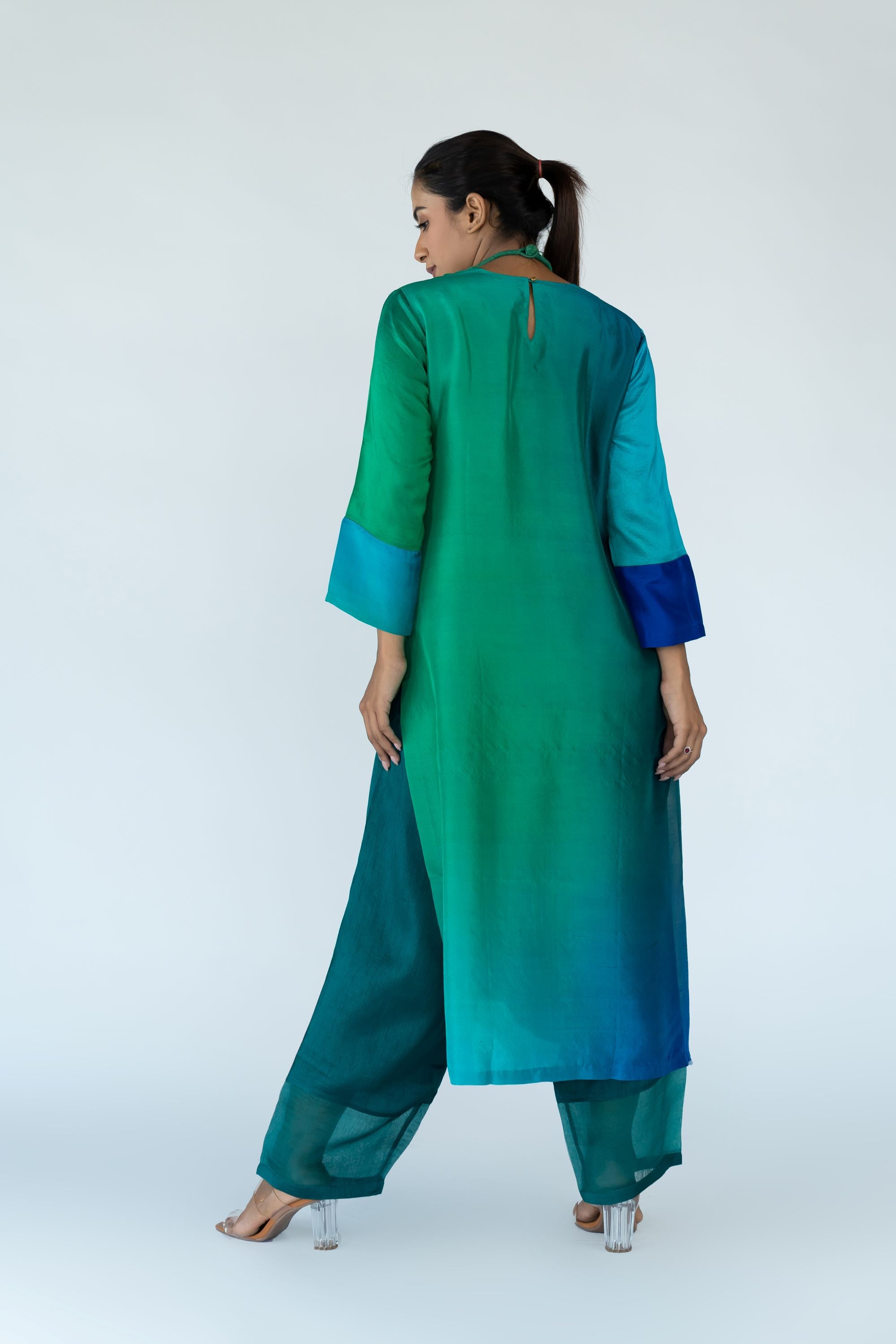 Ombre colour blocked kurta, silk pants with organza detailing and pure silk organza dupatta