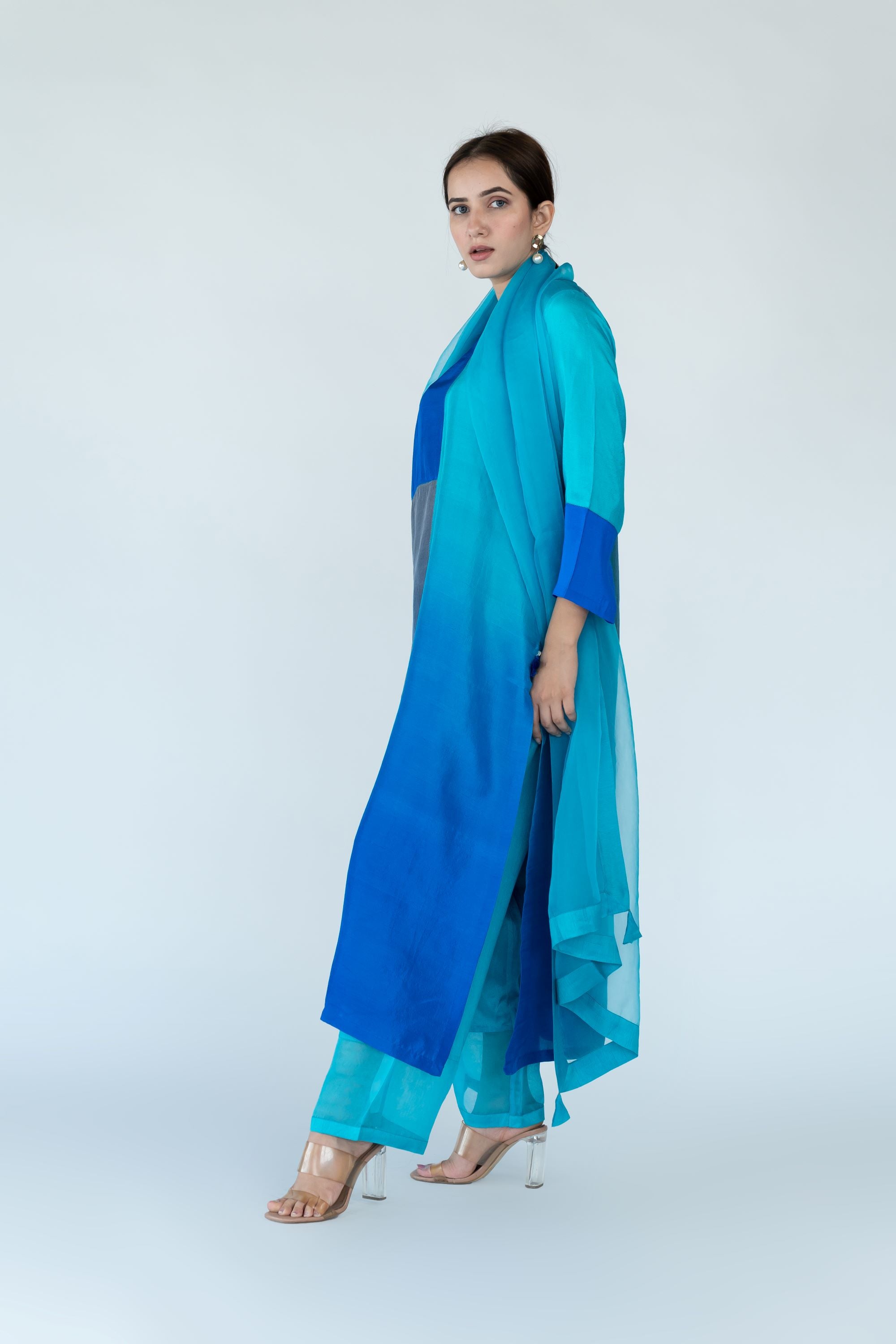 Ombre colour blocked kurta, silk pants with organza detailing and pure silk organza dupatta