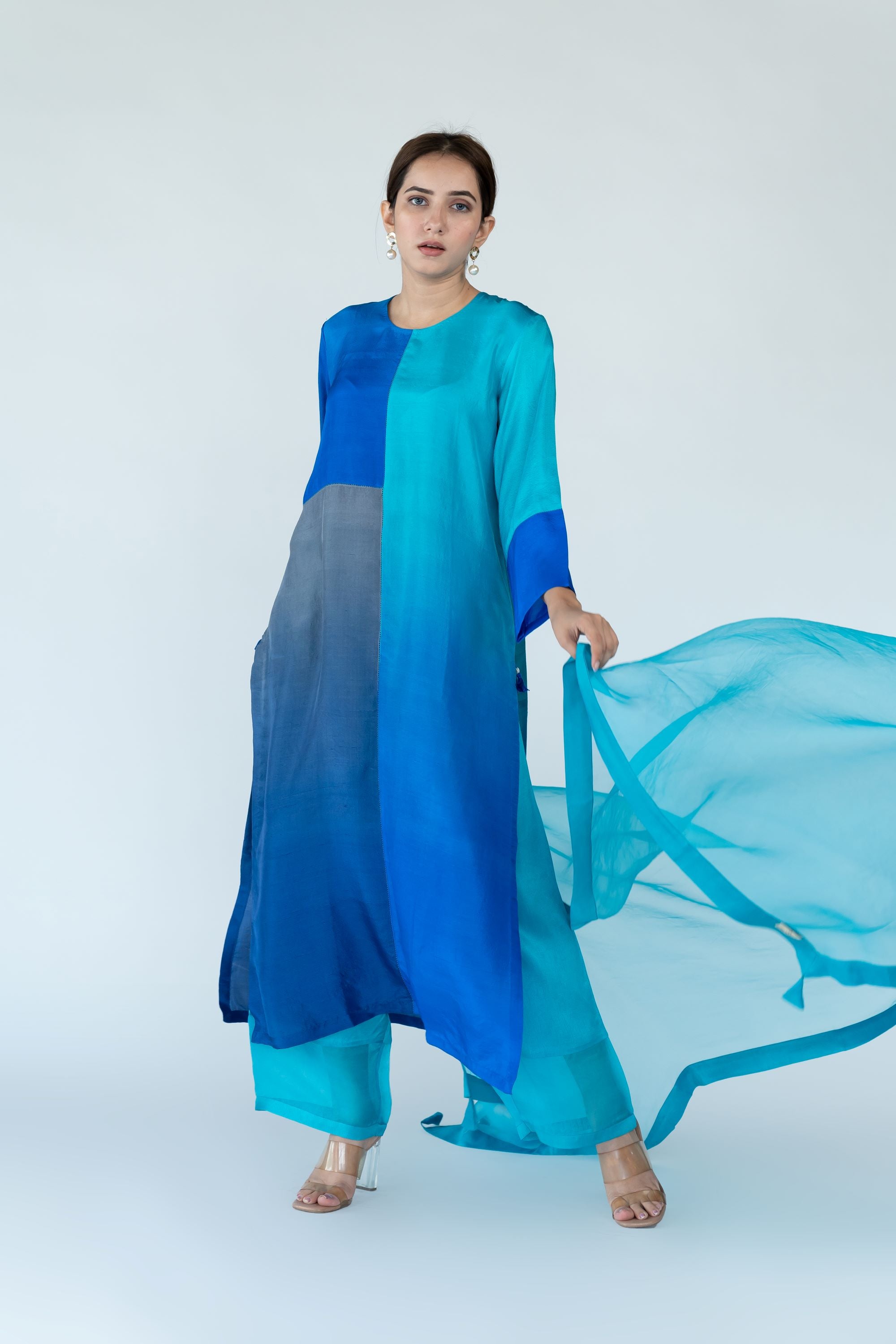 Ombre colour blocked kurta, silk pants with organza detailing and pure silk organza dupatta