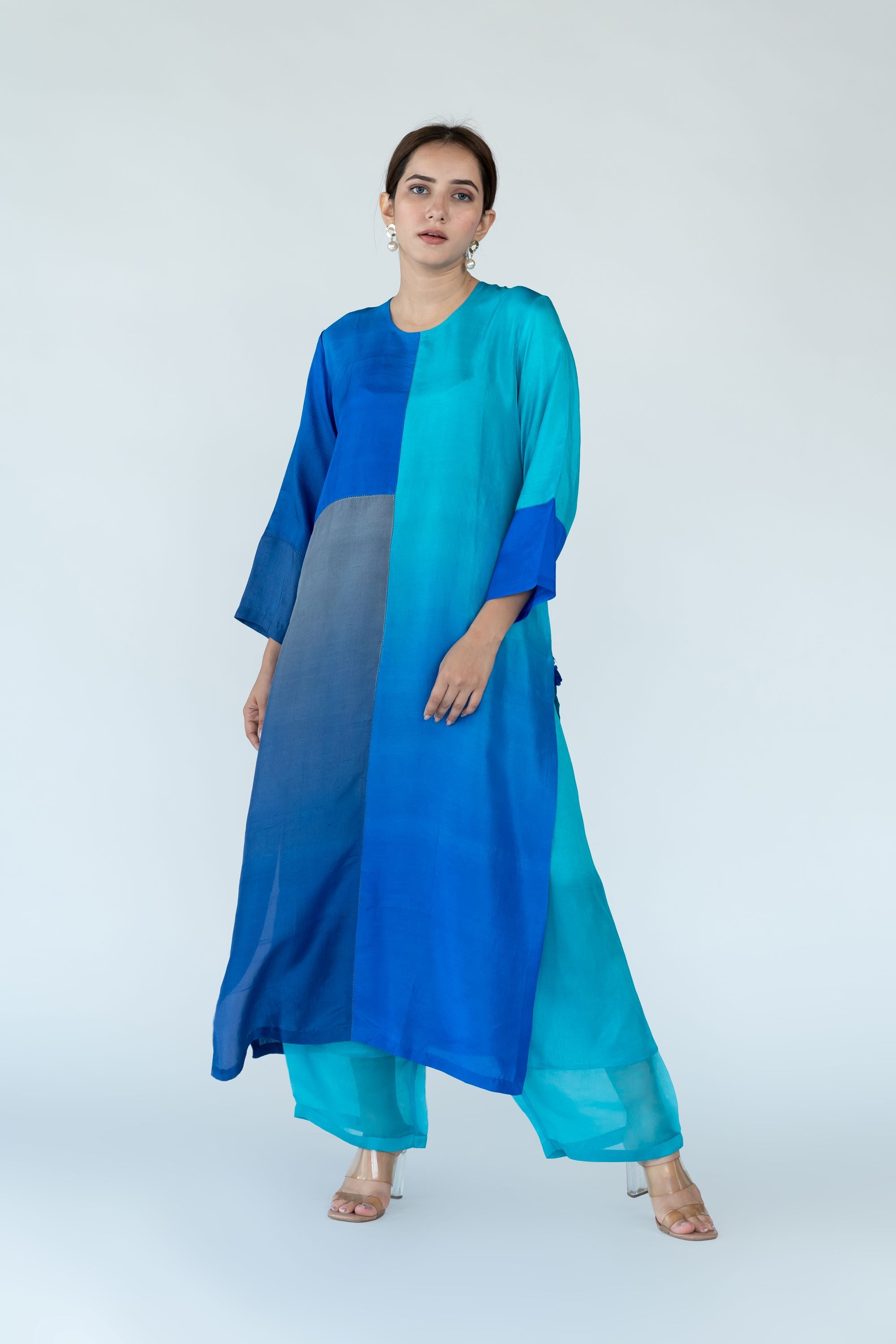 Ombre colour blocked kurta, silk pants with organza detailing and pure silk organza dupatta