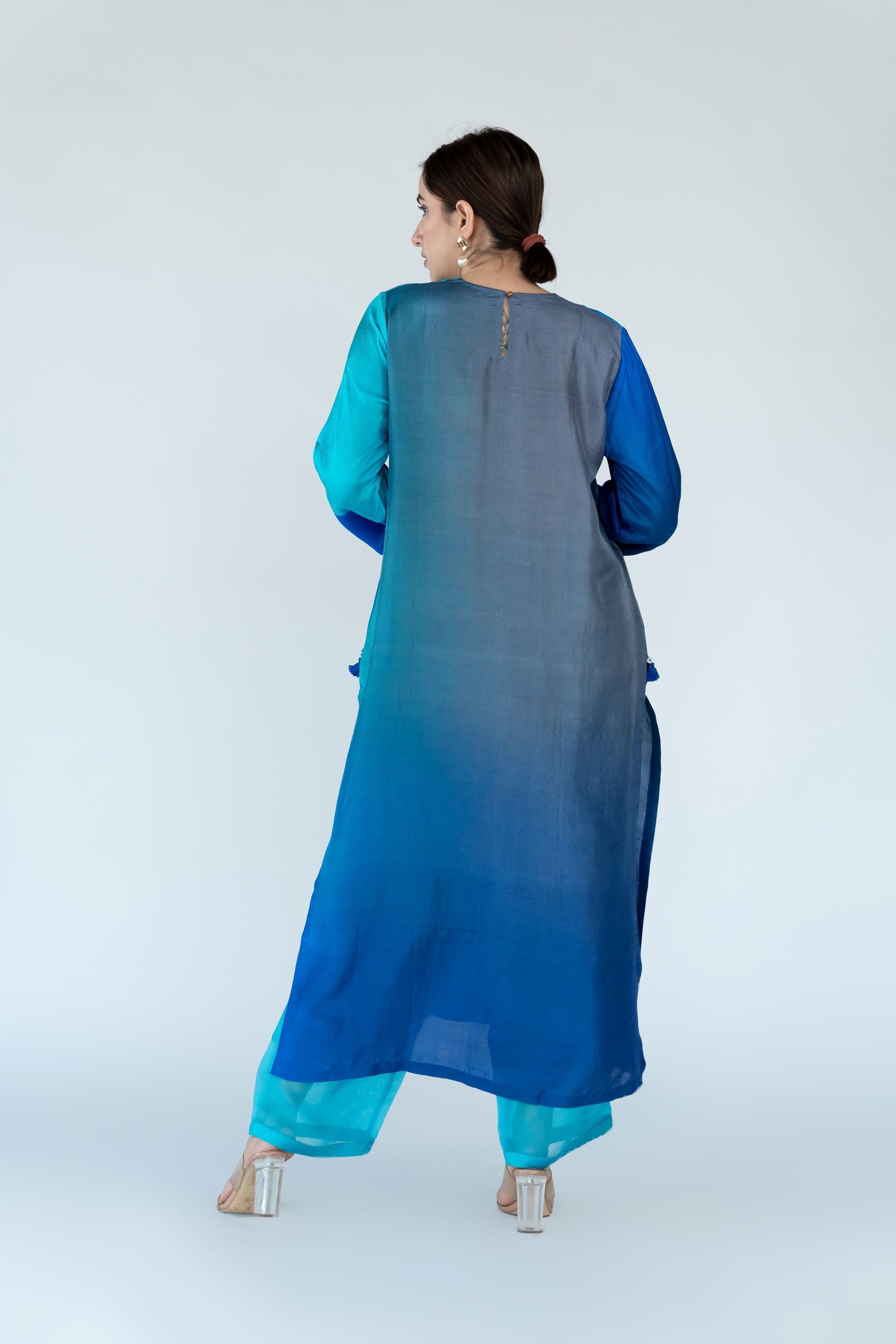 Ombre colour blocked kurta, silk pants with organza detailing and pure silk organza dupatta