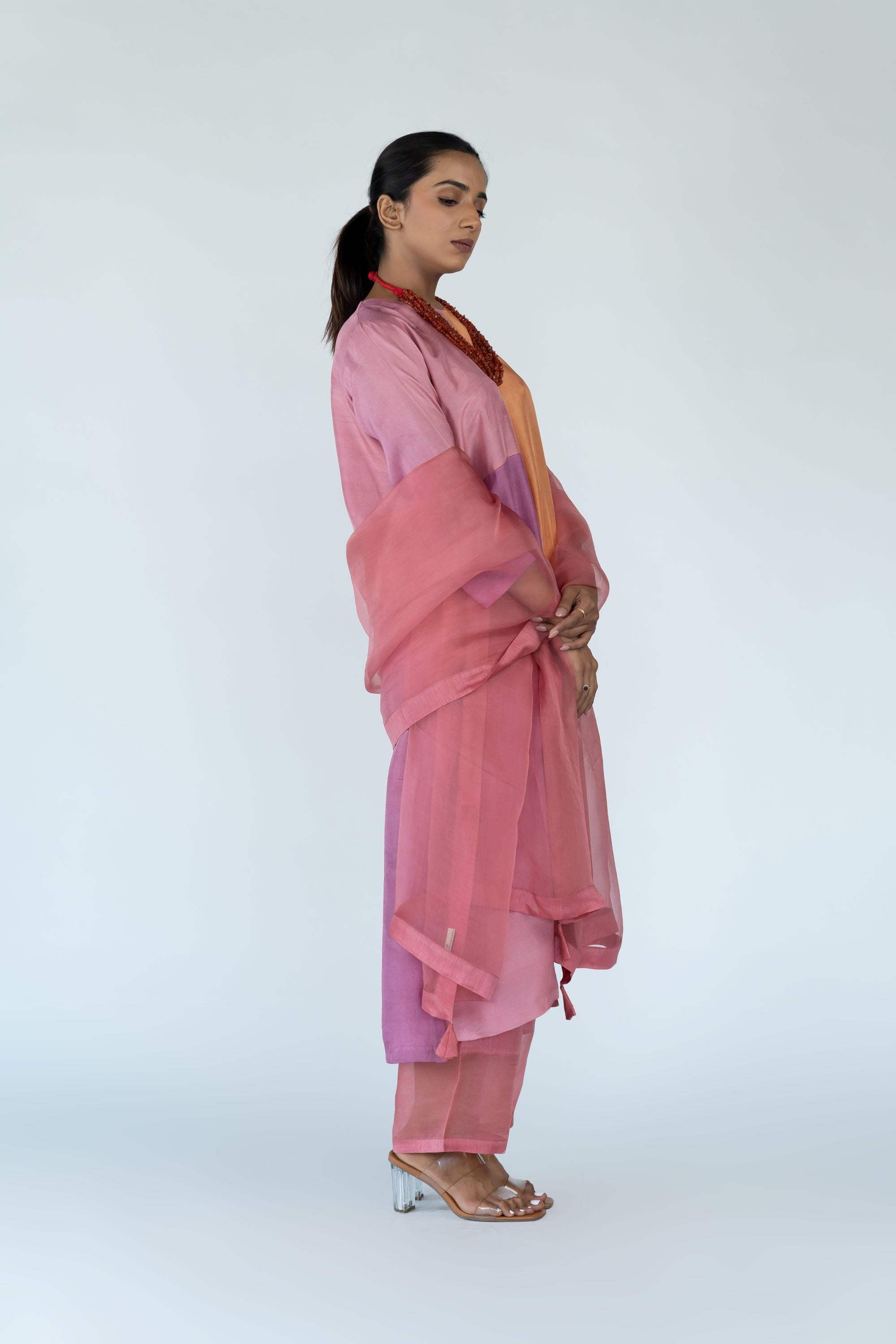 Ombre colour blocked kurta, silk pants with organza detailing and pure silk organza dupatta