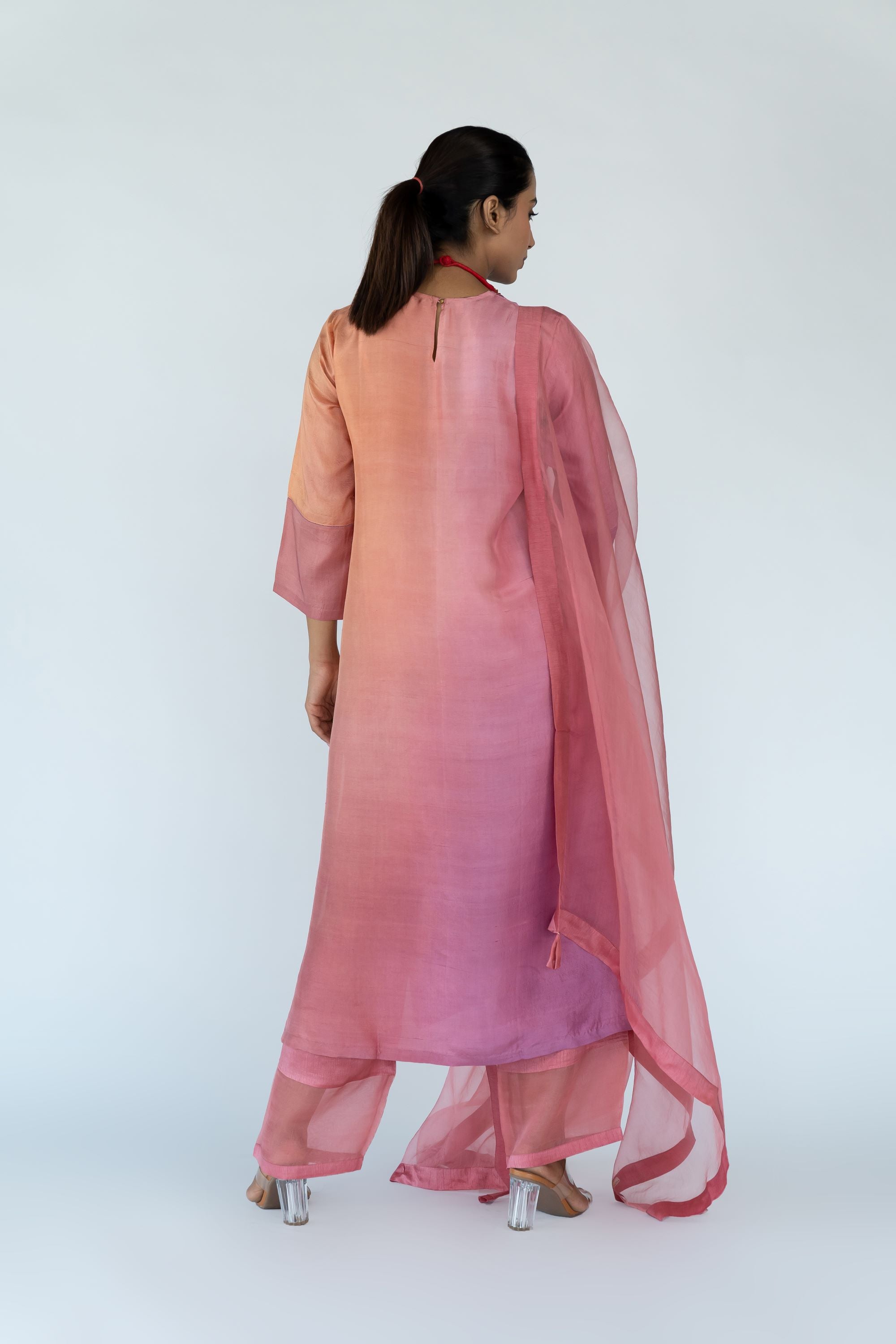 Ombre colour blocked kurta, silk pants with organza detailing and pure silk organza dupatta