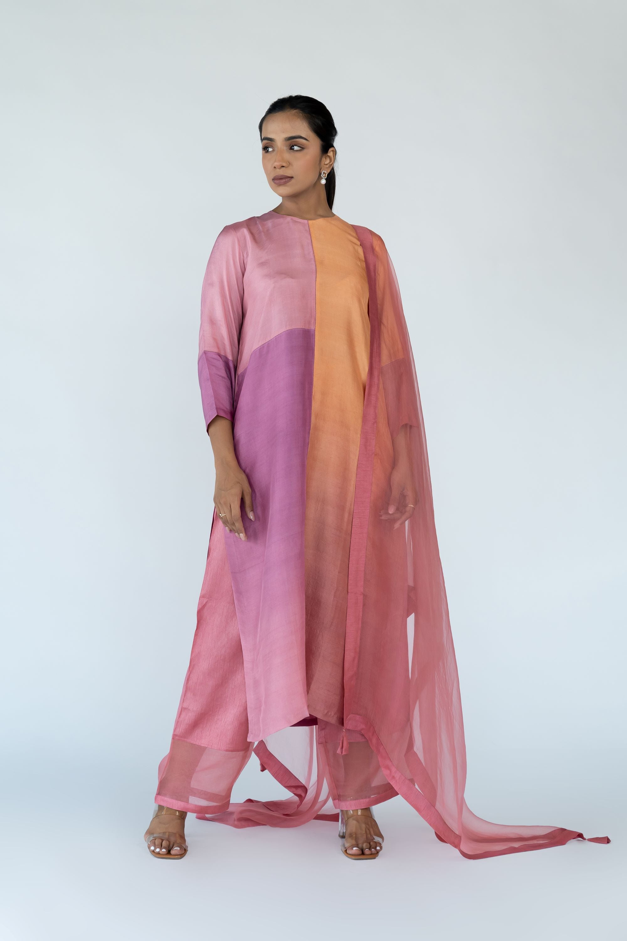 Ombre colour blocked kurta, silk pants with organza detailing and pure silk organza dupatta