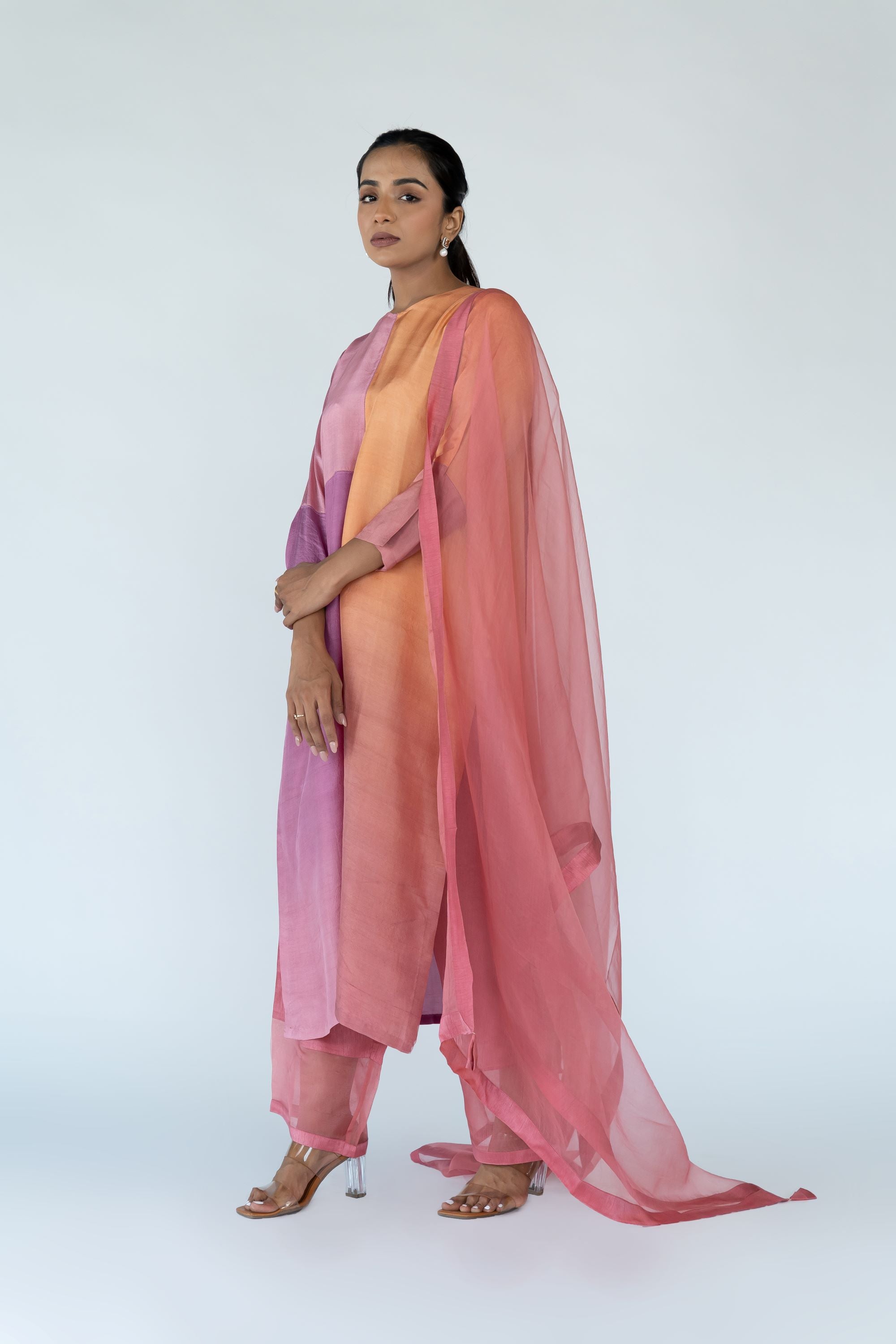 Ombre colour blocked kurta, silk pants with organza detailing and pure silk organza dupatta