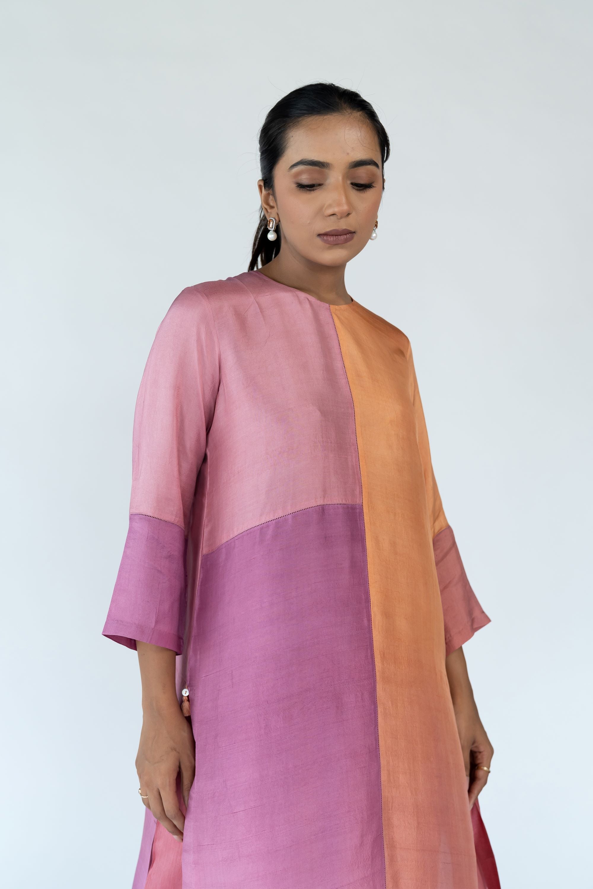 Ombre colour blocked kurta, silk pants with organza detailing and pure silk organza dupatta