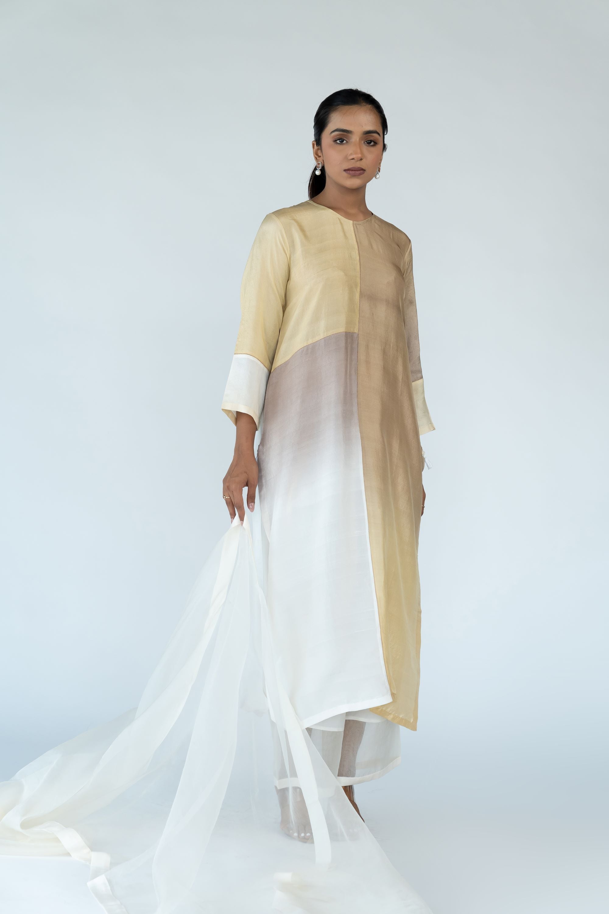Ombre colour blocked kurta, silk pants with organza detailing and pure silk organza dupatta