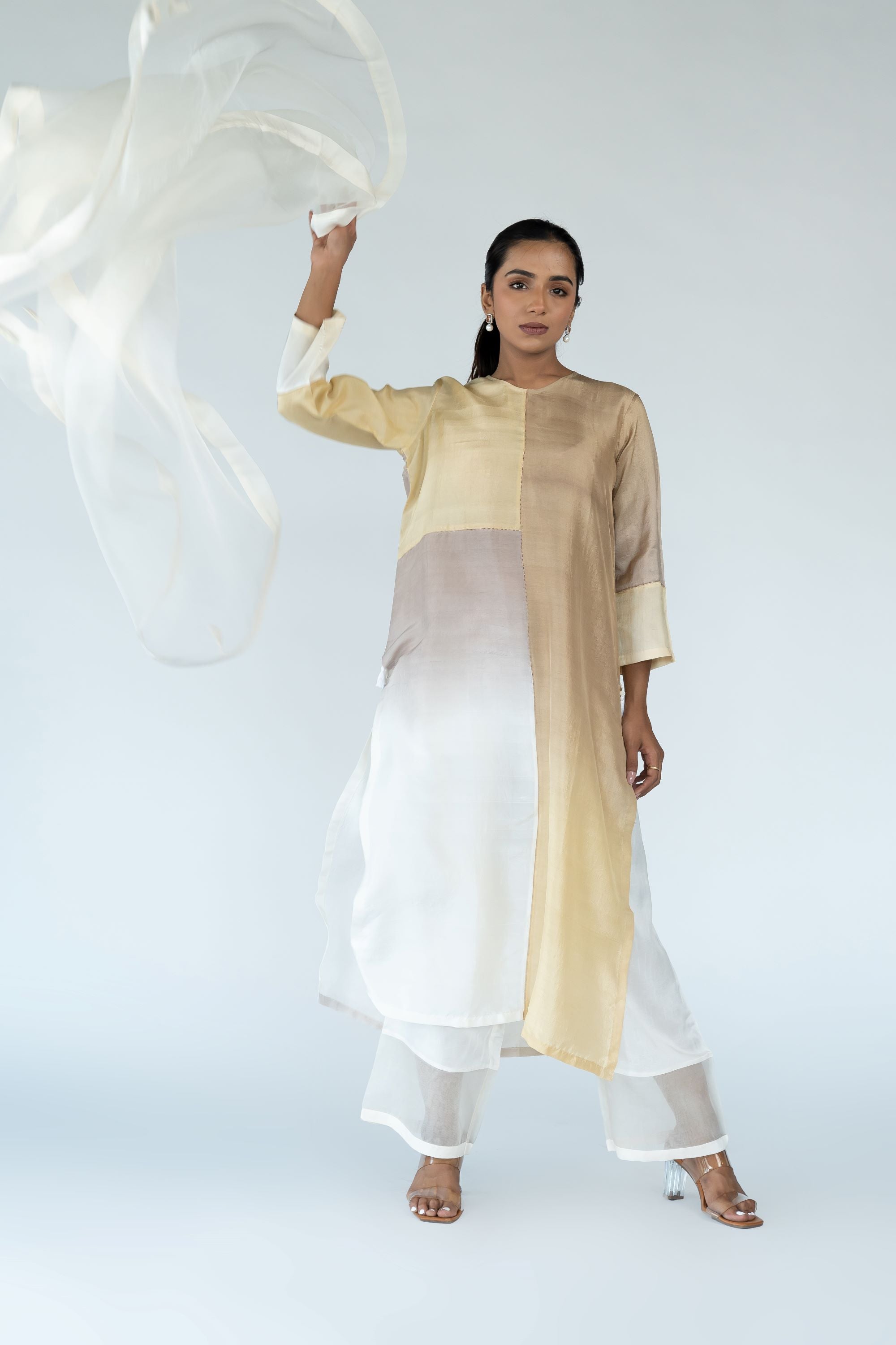 Ombre colour blocked kurta, silk pants with organza detailing and pure silk organza dupatta