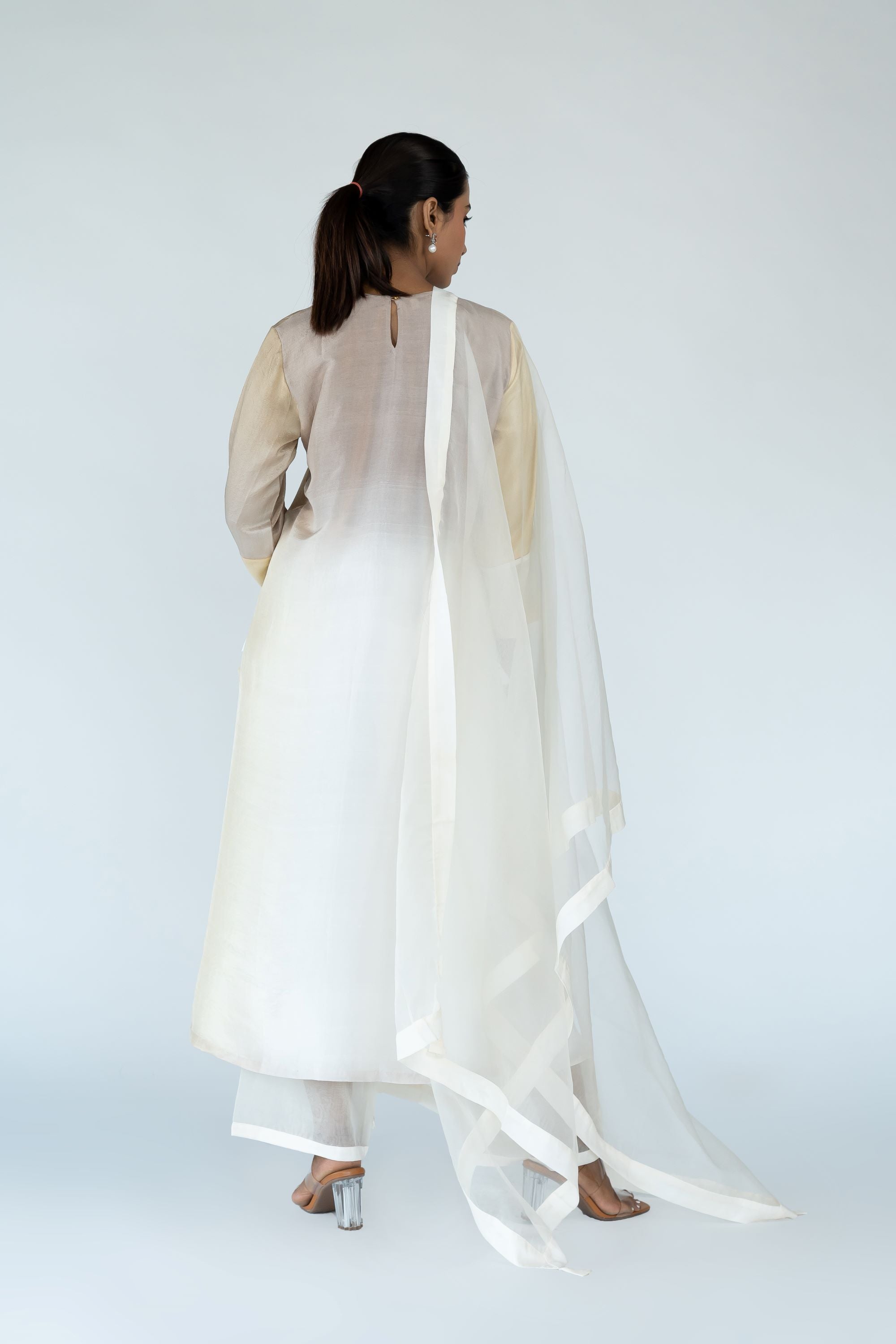 Ombre colour blocked kurta, silk pants with organza detailing and pure silk organza dupatta