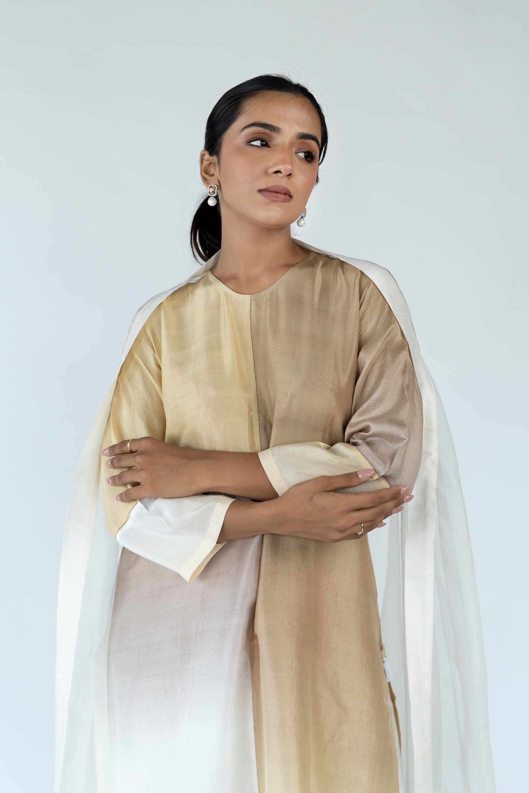 Ombre colour blocked kurta, silk pants with organza detailing and pure silk organza dupatta