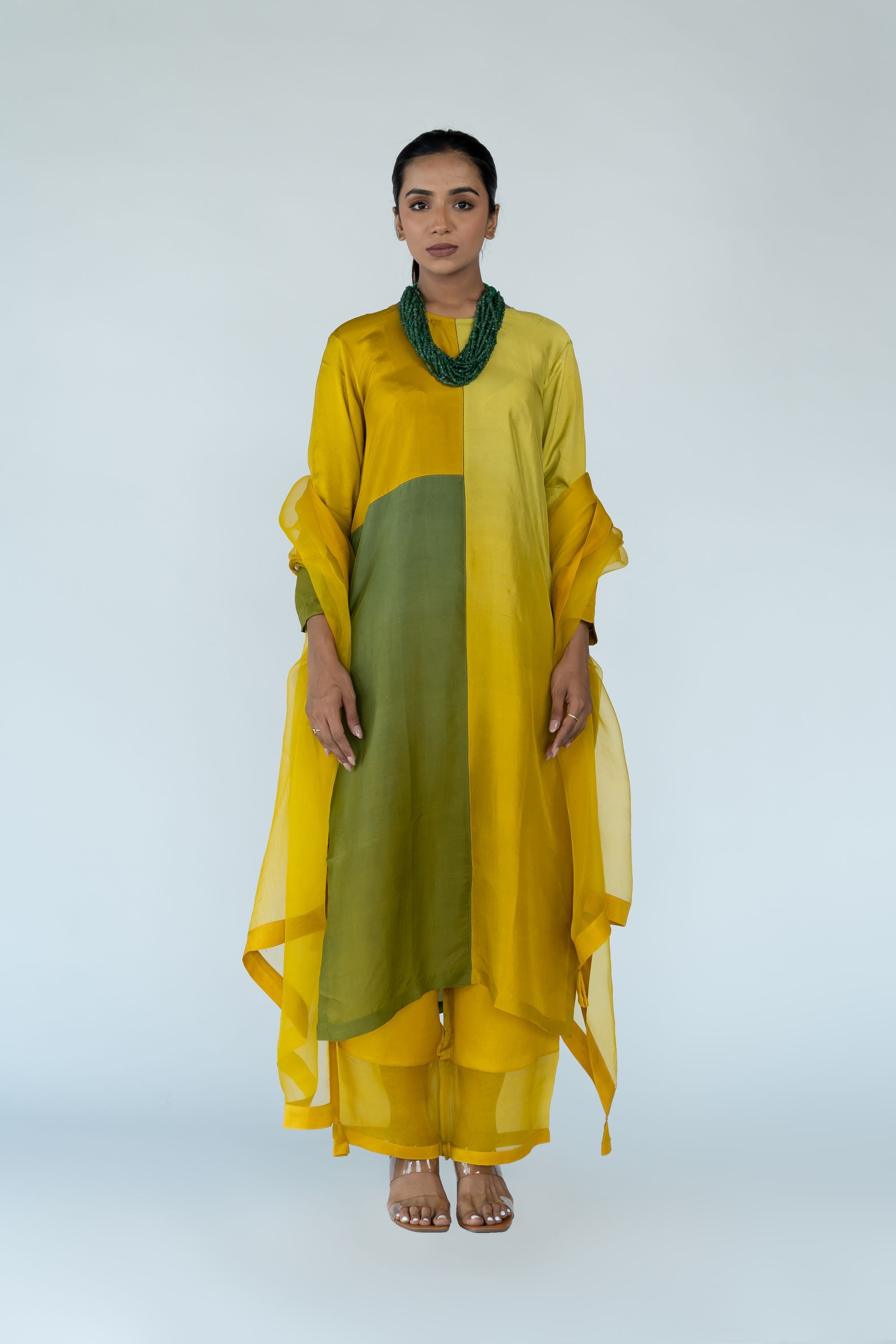Ombre colour blocked kurta, silk pants with organza detailing and pure silk organza dupatta