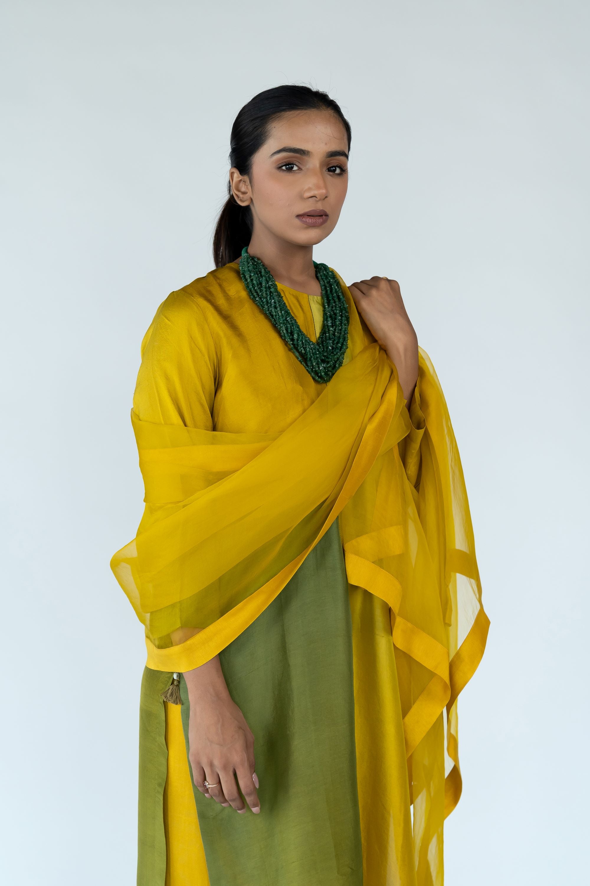 Ombre colour blocked kurta, silk pants with organza detailing and pure silk organza dupatta
