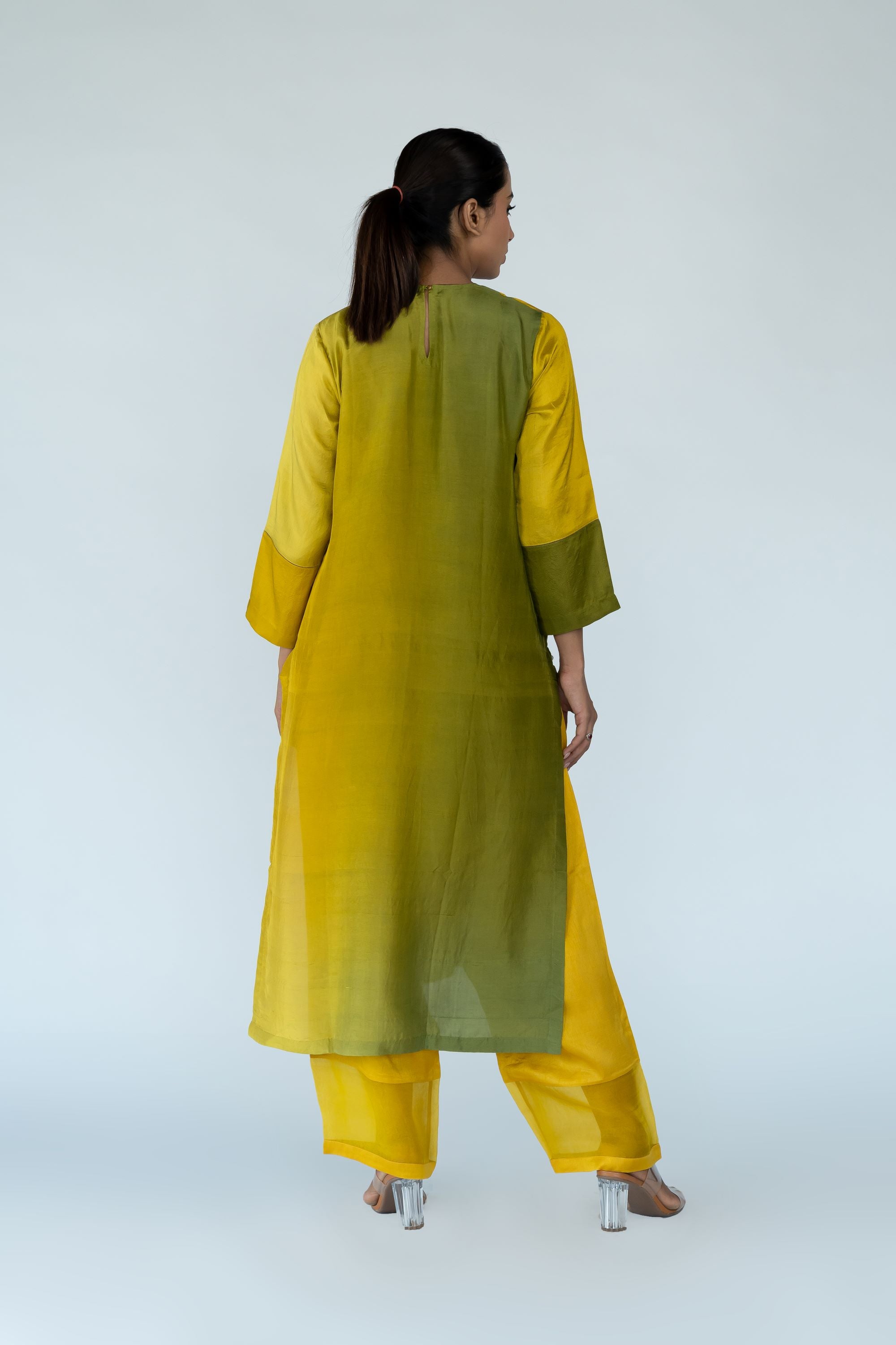 Ombre colour blocked kurta, silk pants with organza detailing and pure silk organza dupatta