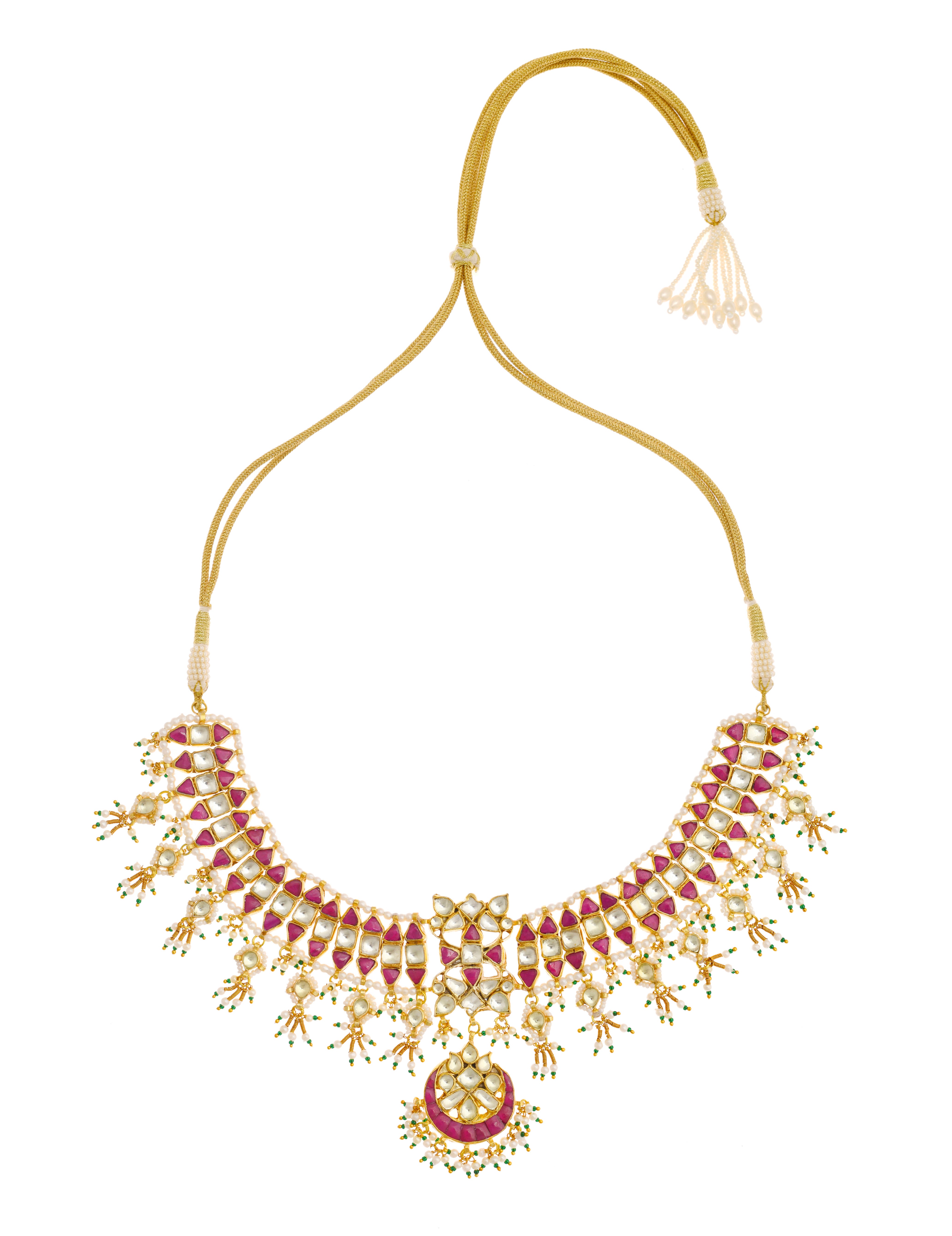 Green Gold Finish Jadau Necklace Set With Pearls